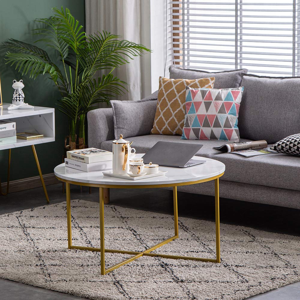 Modern Round Coffee Table with White Marble Top - 35 Inch Metal Accent Table for Living Room, Sofa Side Table - Perfect for Small Spaces, Lounge Areas & Home Decor