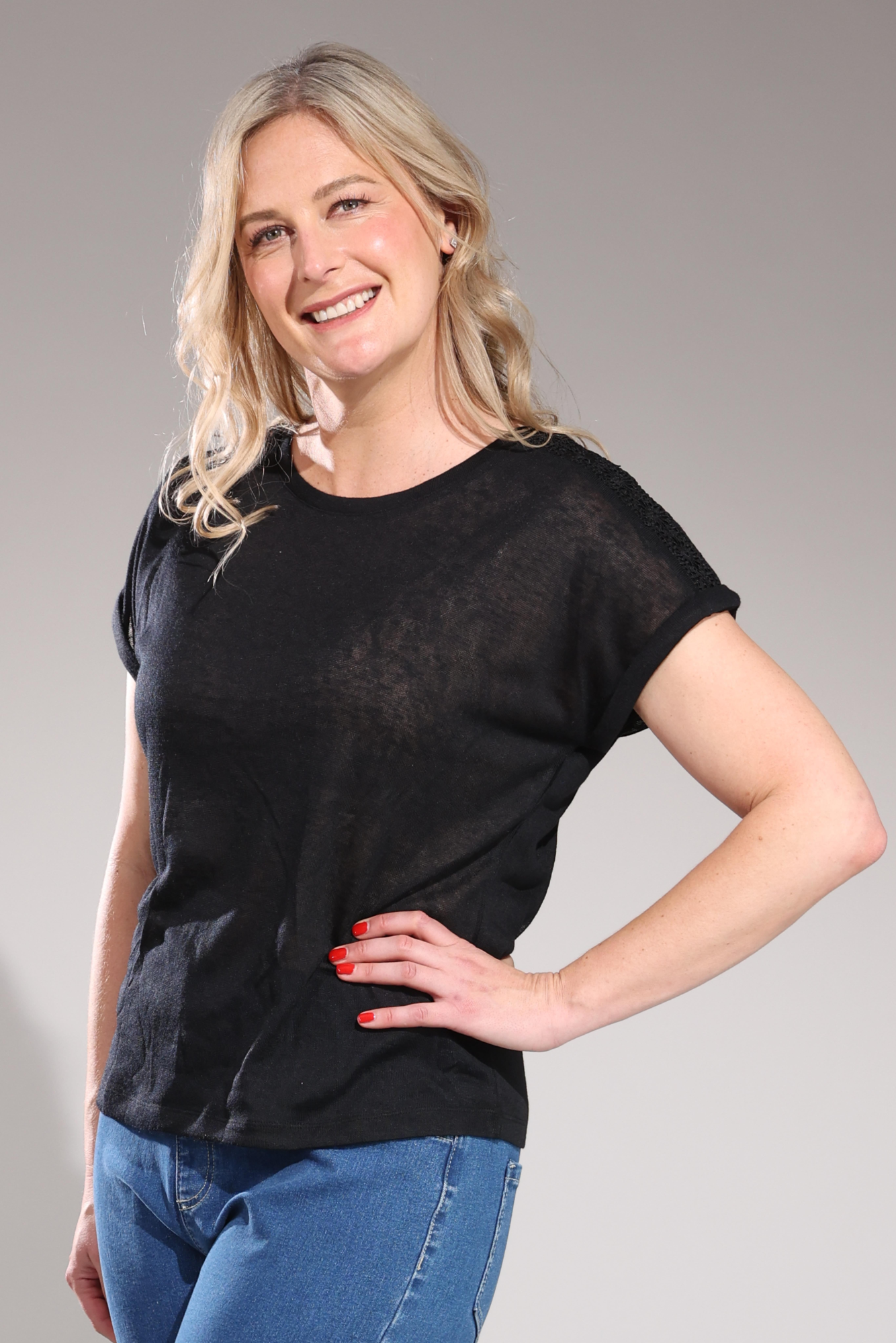 Elegant Black Lace Trim Shoulder Top 7092A1 - Perfect for Parties, Dates & Special Occasions