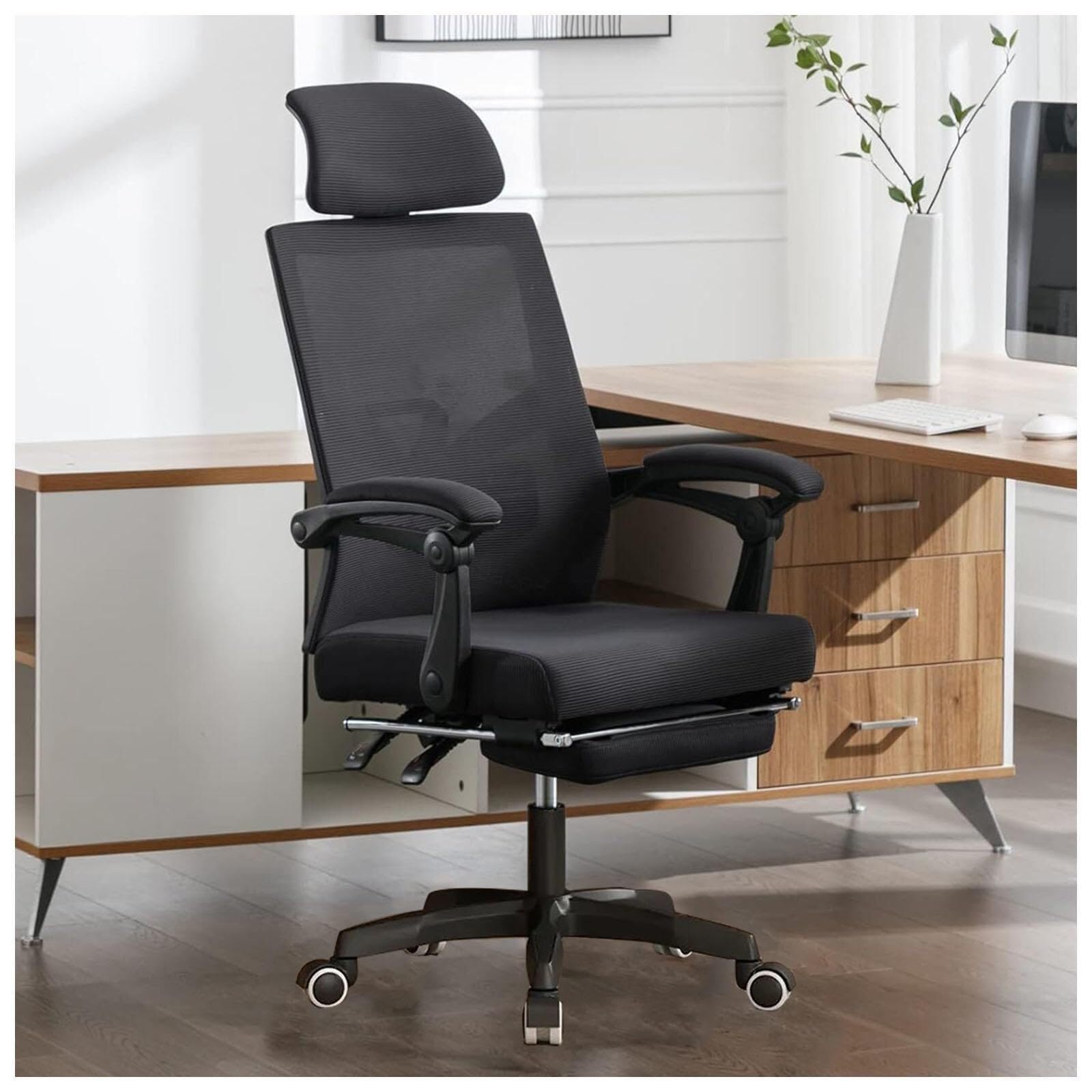 Ergonomic Office Chair with Adjustable Headrest, Lumbar Support & Footrest - 90-135° Recline, 360° Swivel Wheels - Breathable Mesh Executive Chair for Home Office, Study & Work - Perfect for Long Hours Sitting (Black)