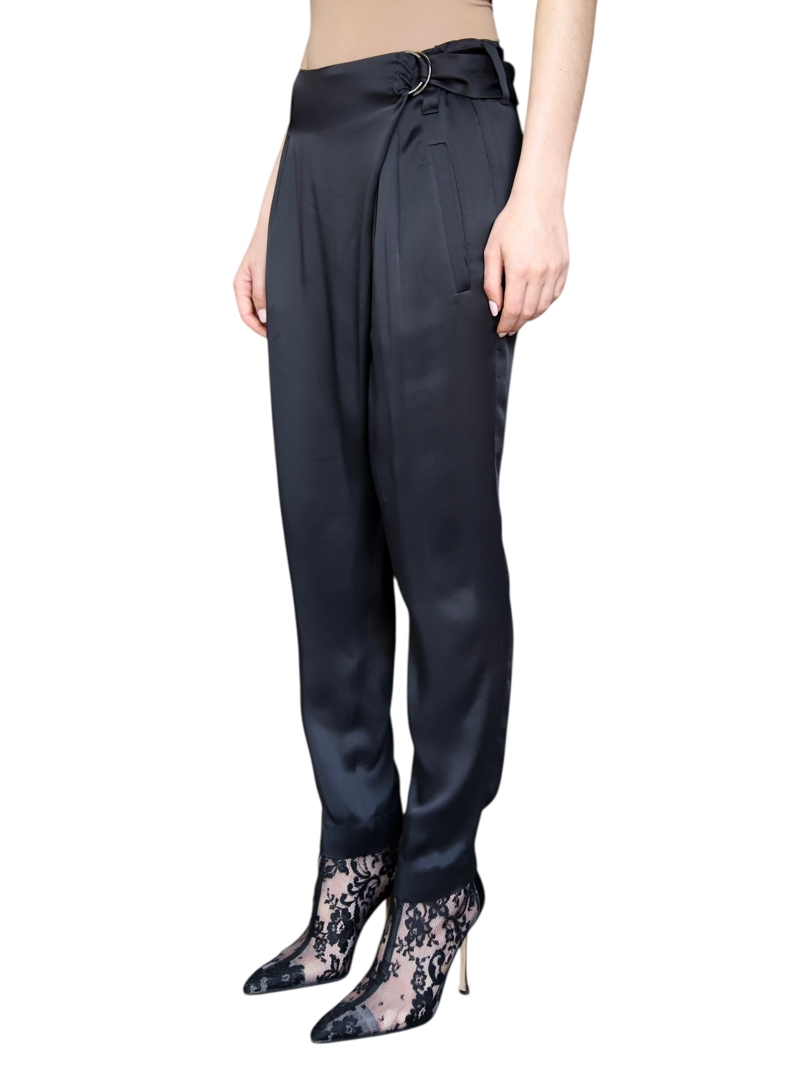 Brunello Cucinelli Black Satin Wrap Waist Trousers for Women | Size IT 42 / US 6 | Elegant Office Pants, Evening Wear & Special Occasion Outfits