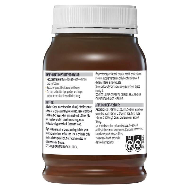 Blackmores Bio C Chewable Vitamin C 500mg Tablets - Immune Support & Antioxidant Boost for Adults & Kids - Orange Flavor Chewable Supplement for Daily Wellness