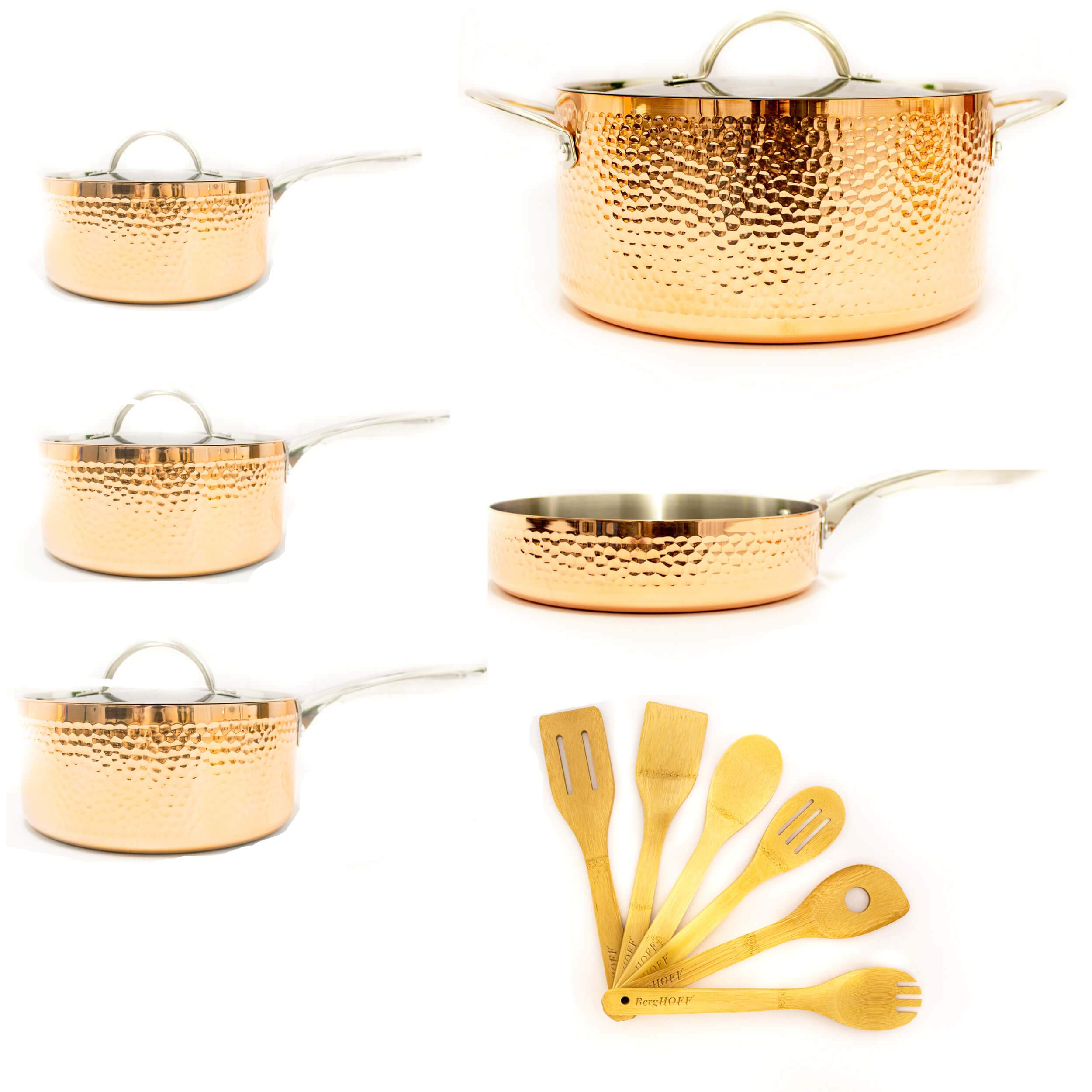 BergHOFF Vintage 15-Piece Tri-Ply Copper Cookware Set with Lids - Hammered Finish for Professional Cooking & Home Kitchen Use