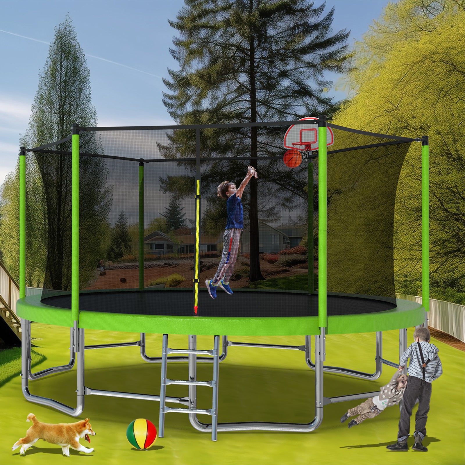 16FT Trampoline with Balance Bar, Basketball Hoop & Ball - ASTM Approved Reinforced Outdoor Trampoline with Safety Enclosure Net - Perfect for Backyard Fun, Kids Exercise & Family Outdoor Activities