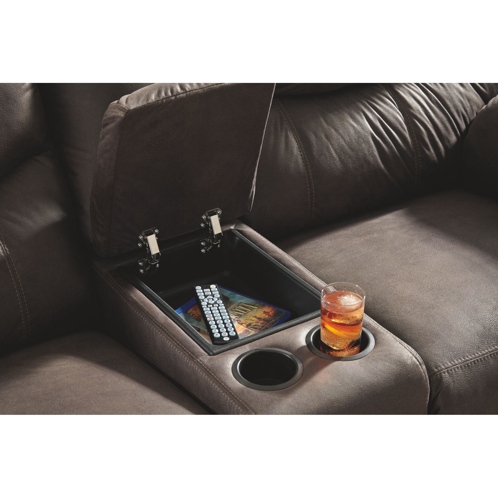 Boxberg Power Reclining Loveseat with Console - Teak Brown Modern Recliner Sofa for Living Room, Home Theater & Small Spaces - USB Charging & Cup Holders