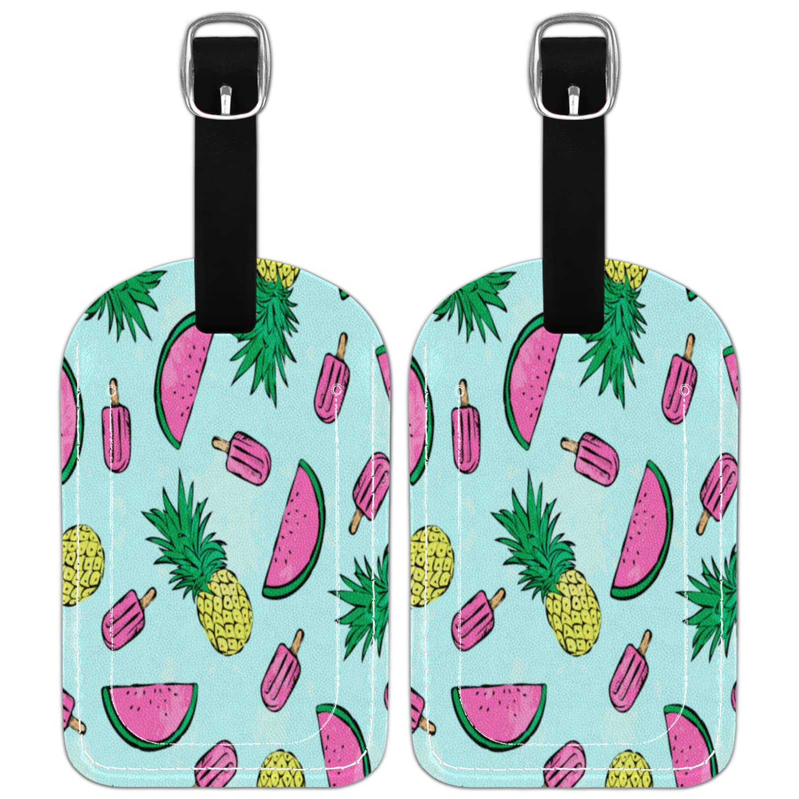 2 Pack Pineapple Ice Cream Design PU Leather Luggage Tags - Durable Suitcase ID Labels with Privacy Cover for Travel Bags | Perfect for Vacation, Business Trips & Airport Identification