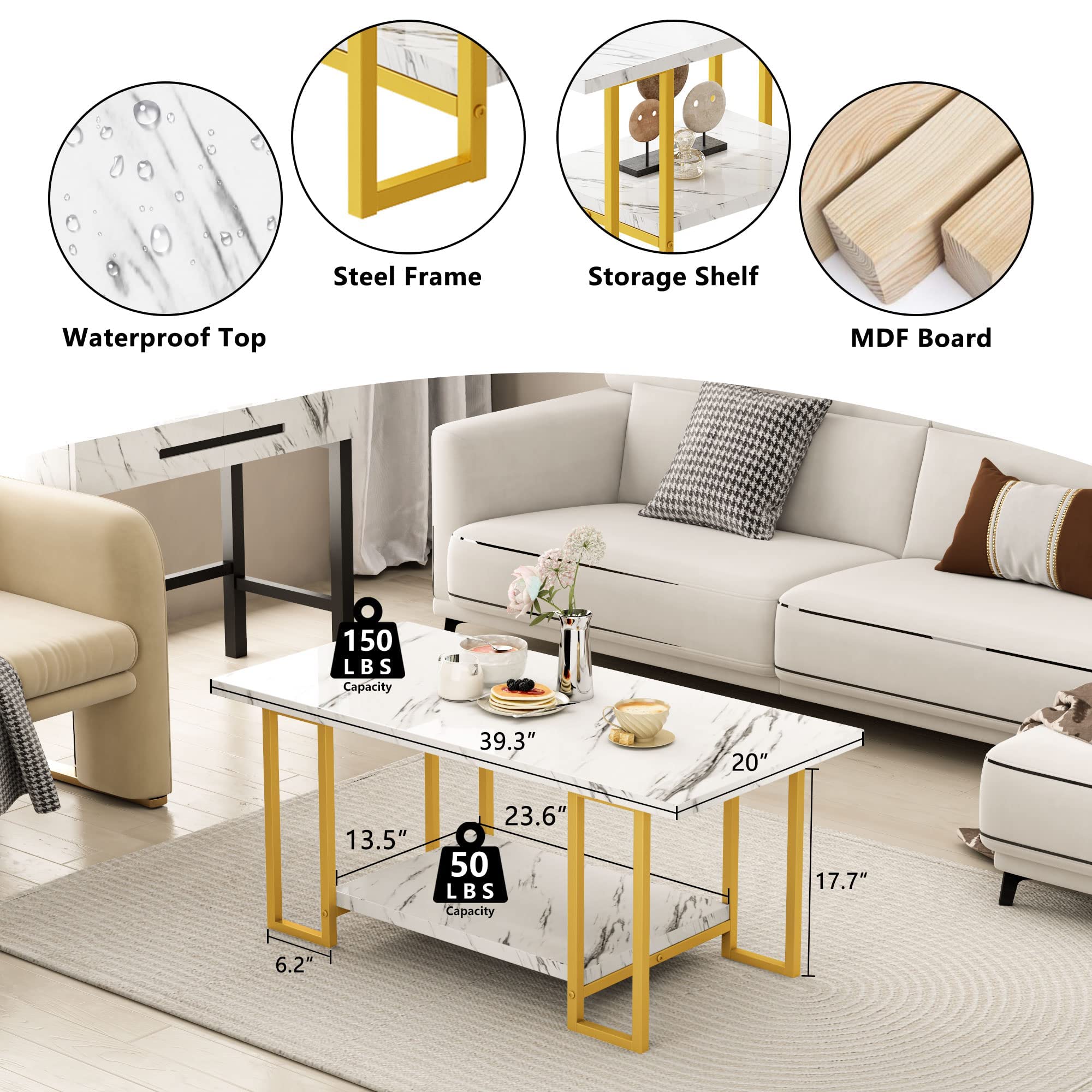 MIERES Faux Marble Coffee Table Set of 3 - Modern White & Gold Nesting Tables with Storage Shelves & Metal Frame for Living Room, Bedroom, Small Spaces | Easy Assembly | Perfect for Coffee, Books & Decor