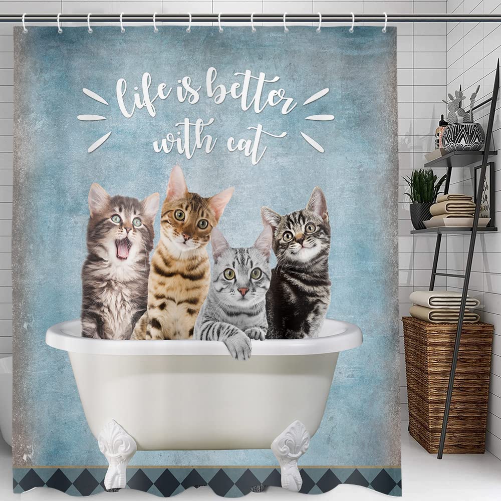 Funny Cat Shower Curtain - Cute Bathing Cat Design for Bathroom Decor, 47x64 Inch Waterproof Fabric - Perfect for Kids' Bathrooms, Pet Lovers & Unique Home Accessories
