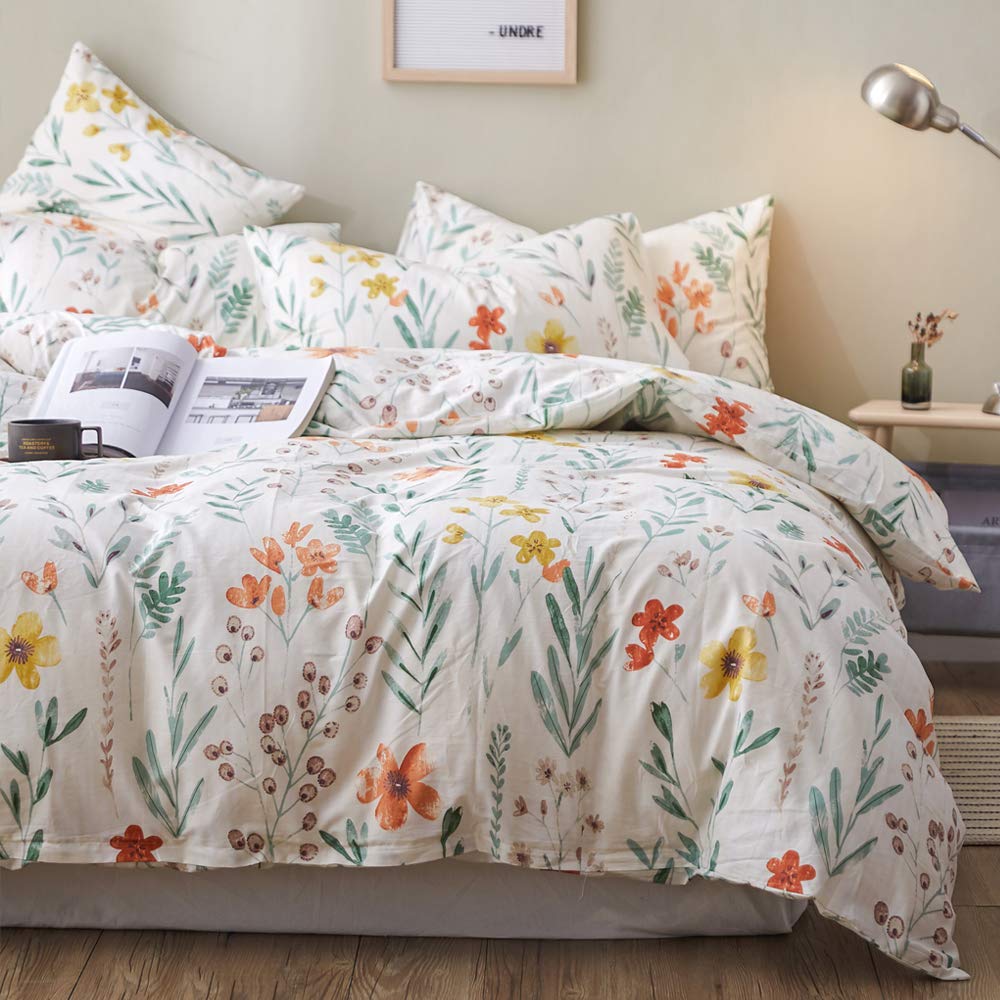 Vintage Floral Duvet Cover Set King Size - 100% Cotton Colorful Flower Bedding with Zipper Closure, 104