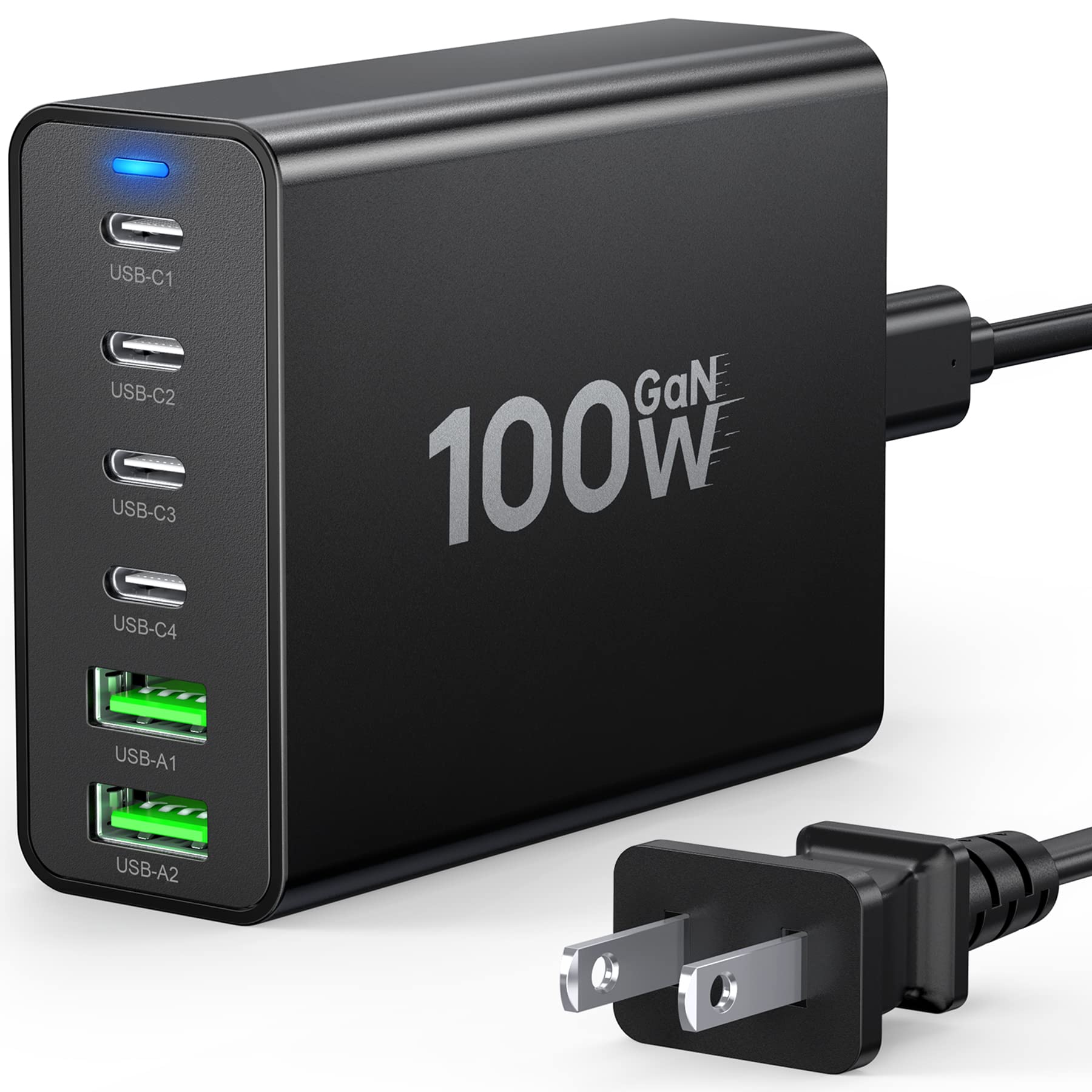 100W GaN USB C Fast Charger - 6-Port Compact Charging Station with 4 PD USB C & 2 QC USB A Ports - Wall Charger for iPhone 15/14/13/12/11 Pro Max, iPad, Galaxy, Pixel - Perfect for Home, Office & Travel