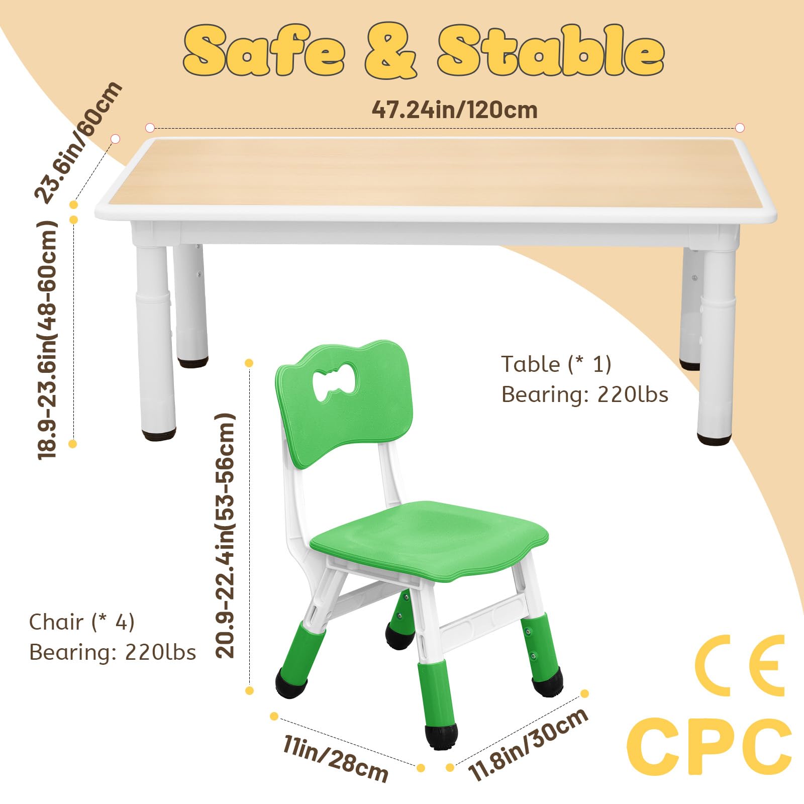 **FUNLIO Adjustable Kids Table and 4 Chairs Set for Toddlers Ages 3-8 - Easy Clean Arts & Crafts Table with Wipeable Surface - Perfect for Classrooms, Daycares & Home Use - CPC & CE Certified (5-Piece Set, Multicolor) - Ideal for Playtime, Learning & Creative Activities**