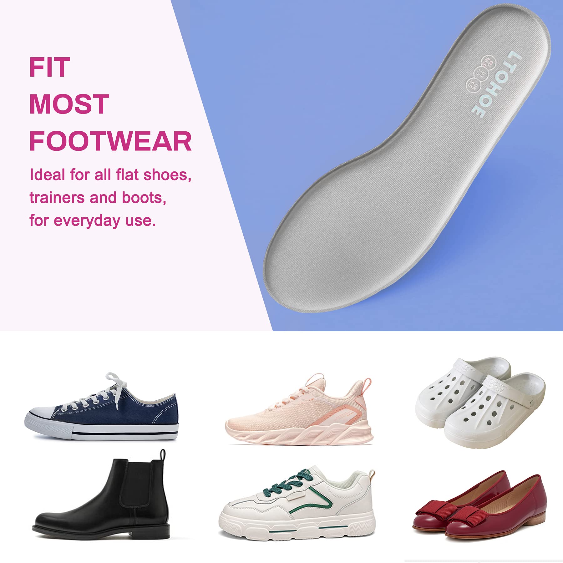 LTOHOE Women's Memory Foam Shoe Insoles - 8mm Cushioned Orthotic Inserts for Running, Hiking & Sneakers | Shock Absorbing Foot Support for Pain Relief & Comfort (Gray, US 5.5) - Perfect for Active Lifestyles, Long Walks & All-Day Wear
