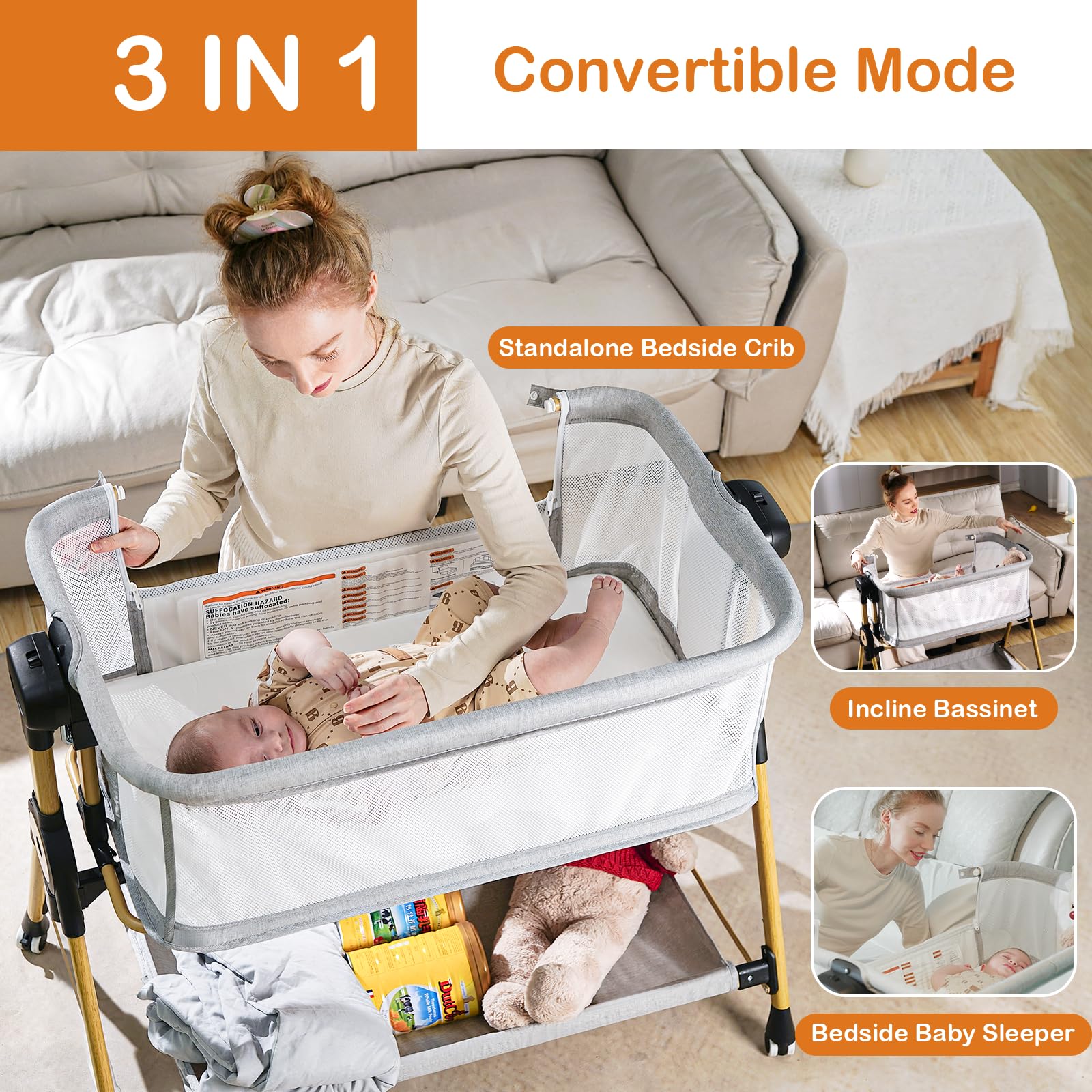 **Portable Baby Bassinet with Adjustable Height & Storage - 6-Level Bedside Sleeper for Newborns, Breathable Mesh Sides, Wheels & Rocking Function - Perfect for Nursery, Co-Sleeping & Travel**