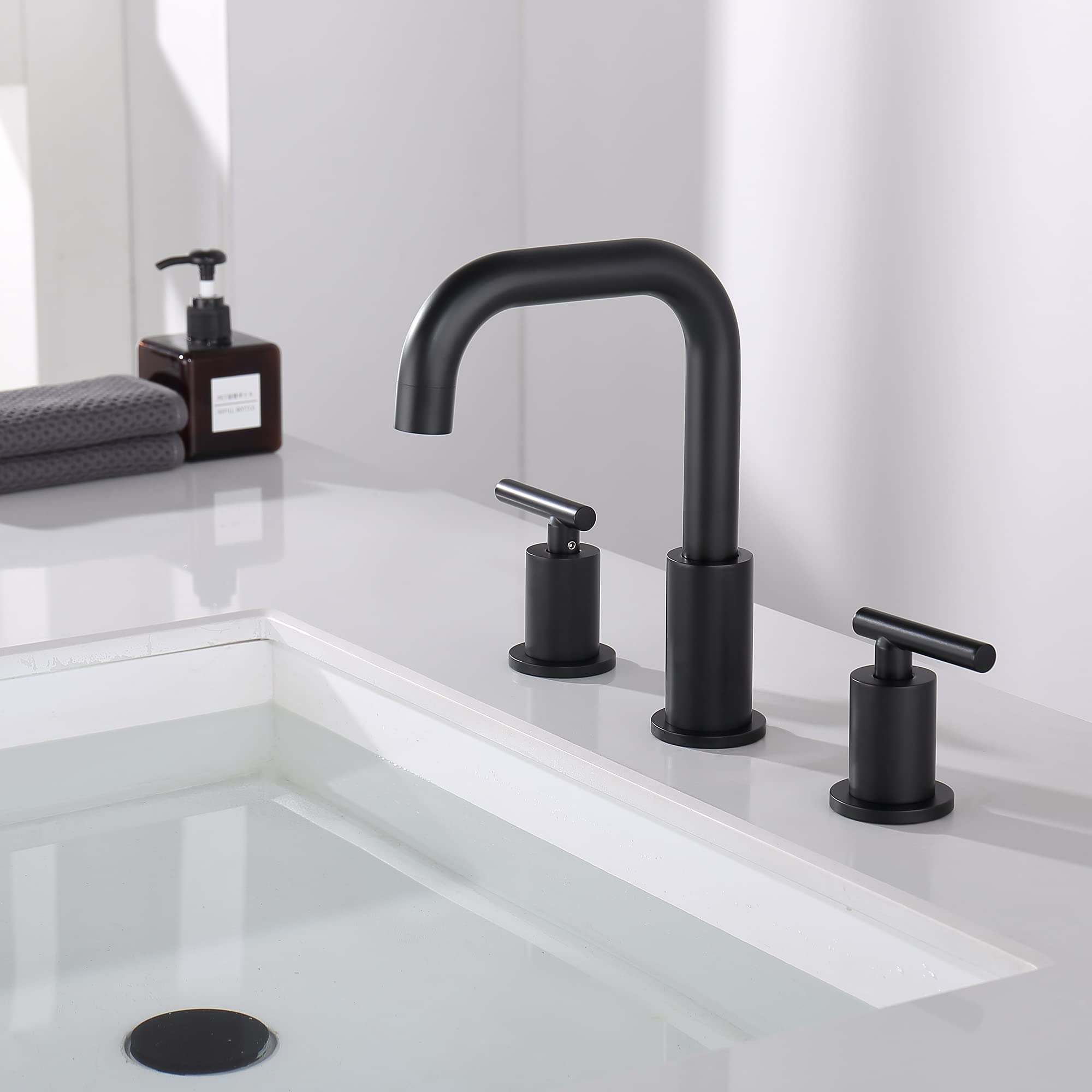 8 Inch Matte Black Widespread Bathroom Faucet - 2-Handle 3-Hole Design with Pop-Up Drain & Supply Hoses (Model CH3166BK) | Perfect for Modern Bathroom Sinks, Vanities & Home Renovations