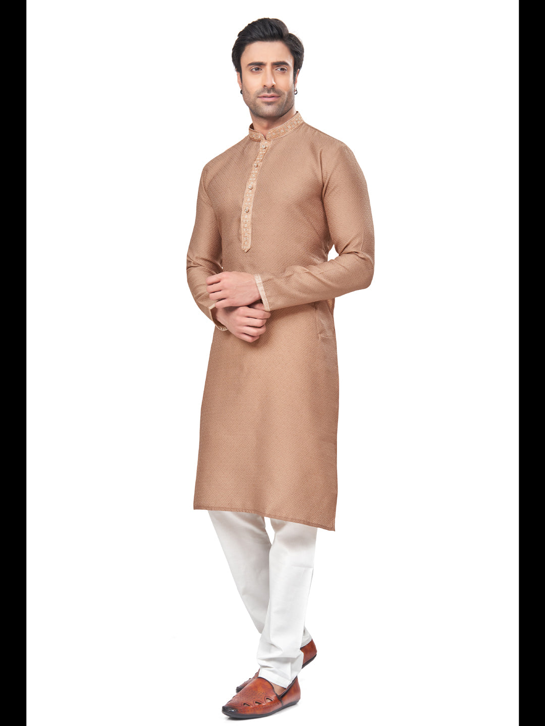 Beige Festive Kurta Pajama Set with Wevon Designer Mirror Embroidery - Elegant Ethnic Outfit for Diwali, Weddings & Special Occasions