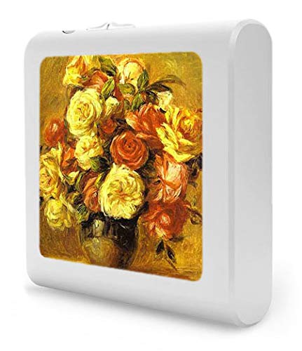 Dimmable LED Night Light with Auto On/Off Sensor - Adjustable Brightness & Warm White Light for Bathroom, Hallway, Nursery, Bedroom - Perfect for Nighttime Safety & Comfort (Renoir: Bouquet de Roses Design)