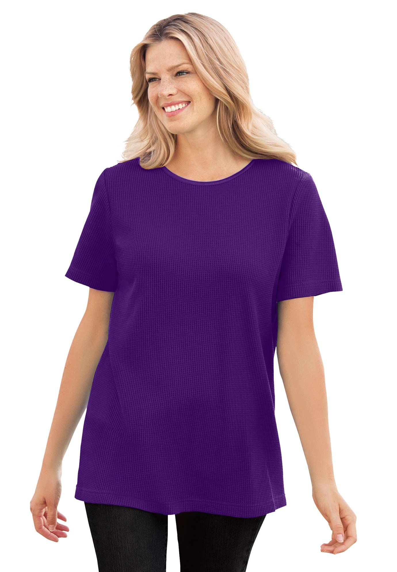 Women's Plus Size Thermal Waffle Short-Sleeve Satin-Trim T-Shirt | Warm & Stylish Casual Top for Winter Layering | Perfect for Work, Travel & Everyday Comfort