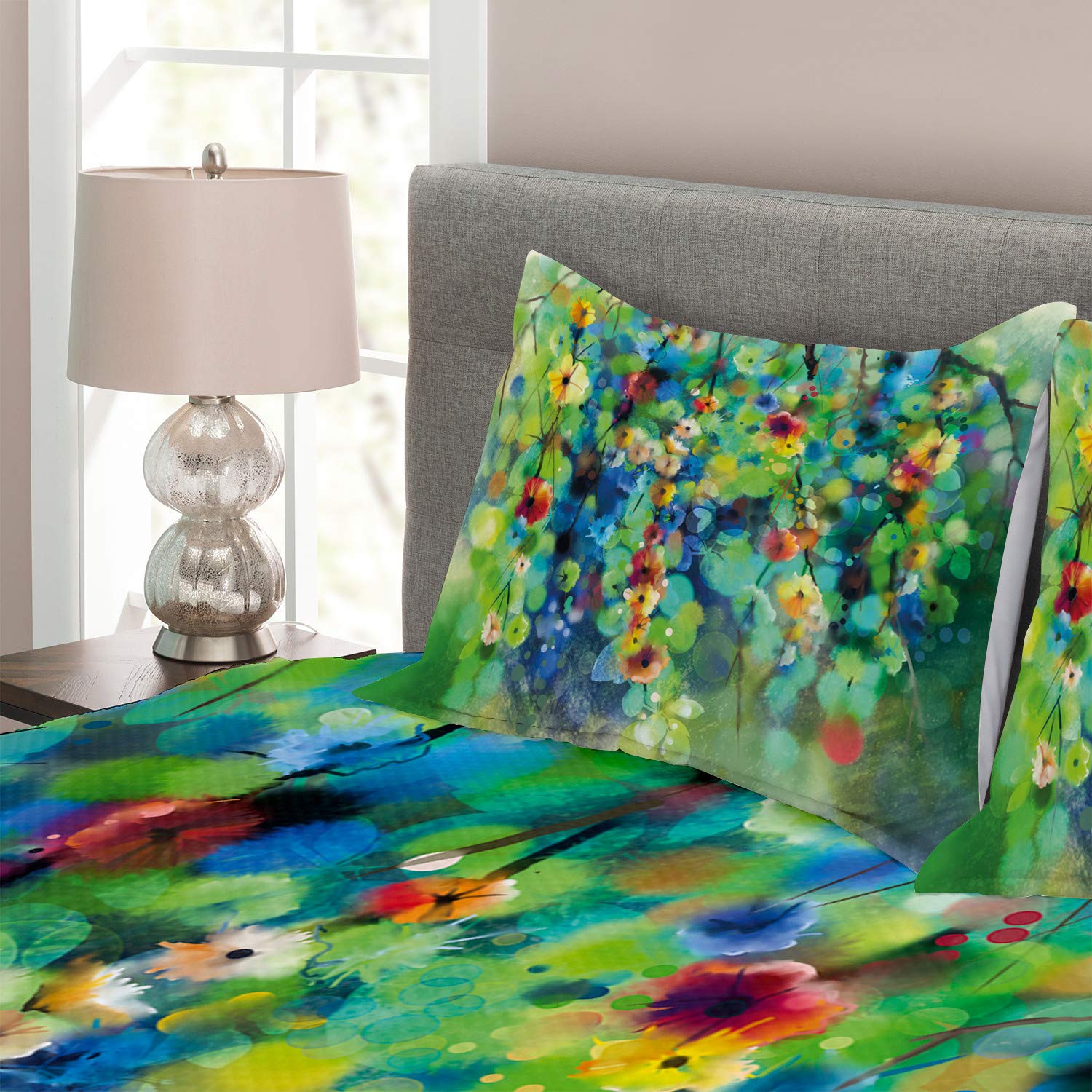 Ambesonne Floral Bedspread Set - Vibrant Spring Flower Design, 3-Piece Queen Size Bedding with 2 Pillow Shams in Green & Blue | Perfect for Spring Decor, Guest Room Makeover & Boho Bedroom Aesthetic