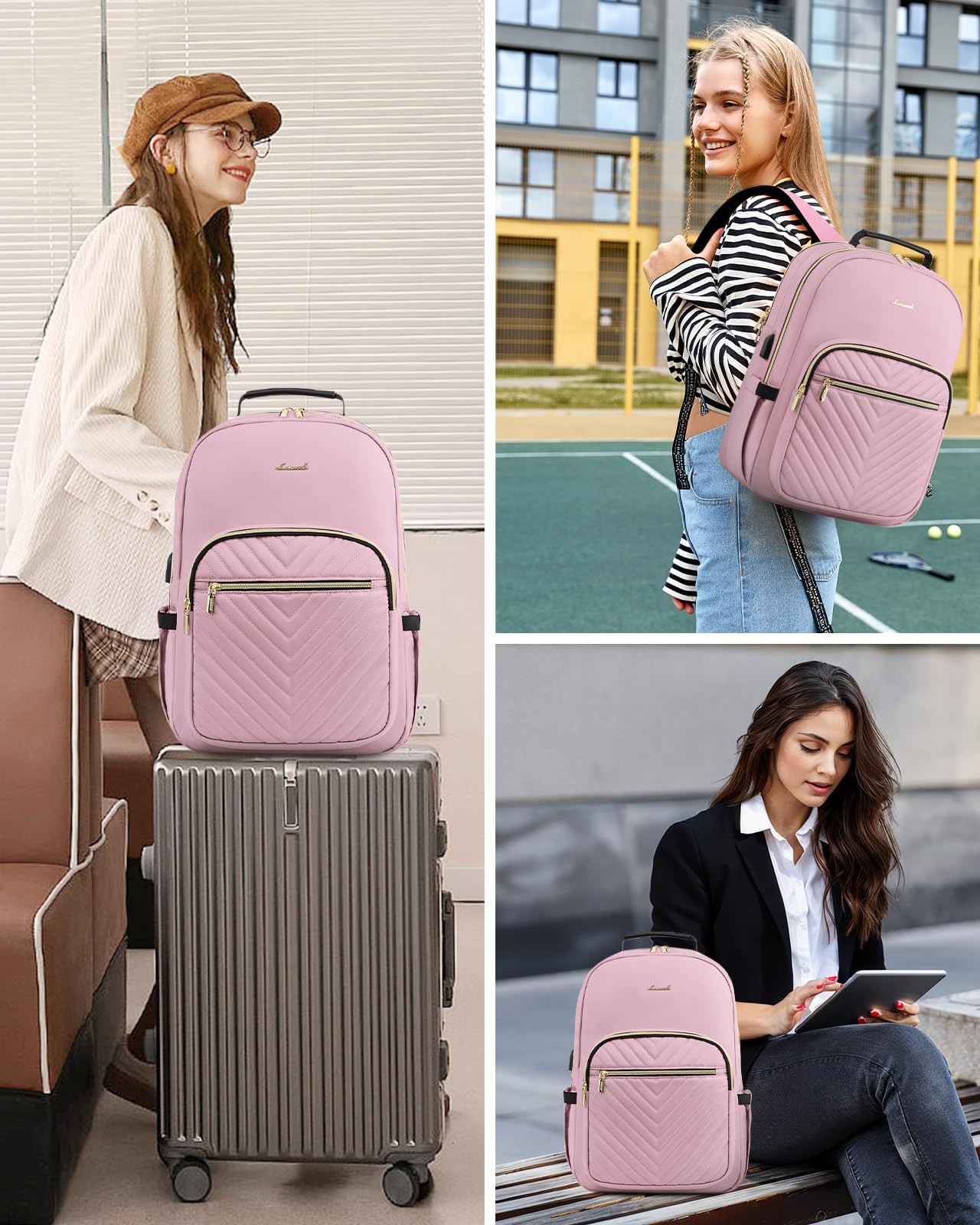 LOVEVOOK Light Pink Laptop Backpack for Women - Stylish 17-inch Travel Computer Bag, College School Backpack for Girls & Teens, Durable Outdoor Carry On Backpack Purse for Work, Study, and Daily Commute