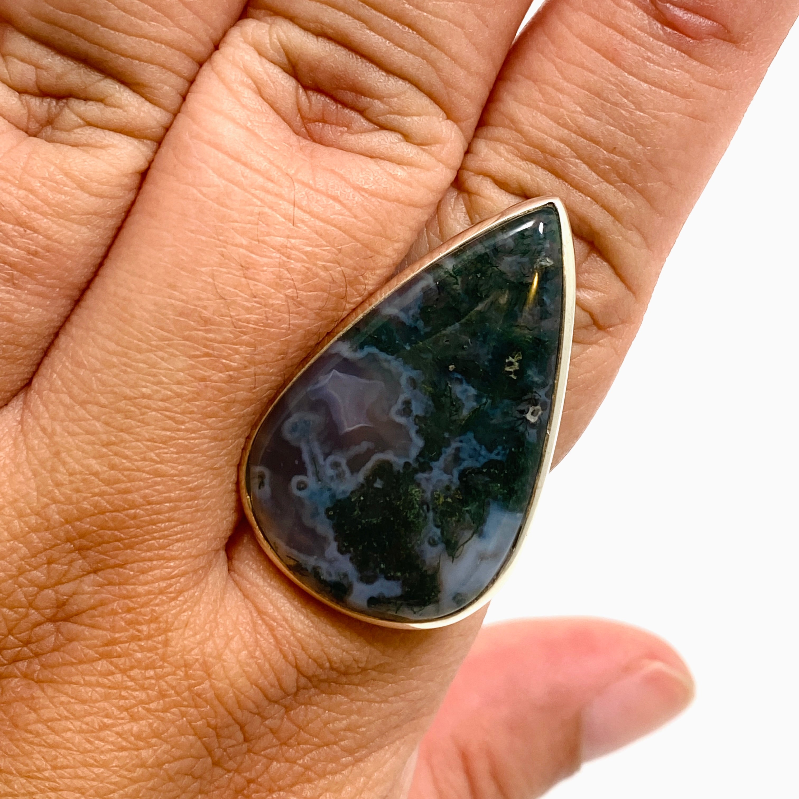 Natural Moss Agate Teardrop Cabochon Ring - Size 11 | Handmade Sterling Silver Jewelry for Women | Perfect for Boho Style, Wedding & Everyday Wear