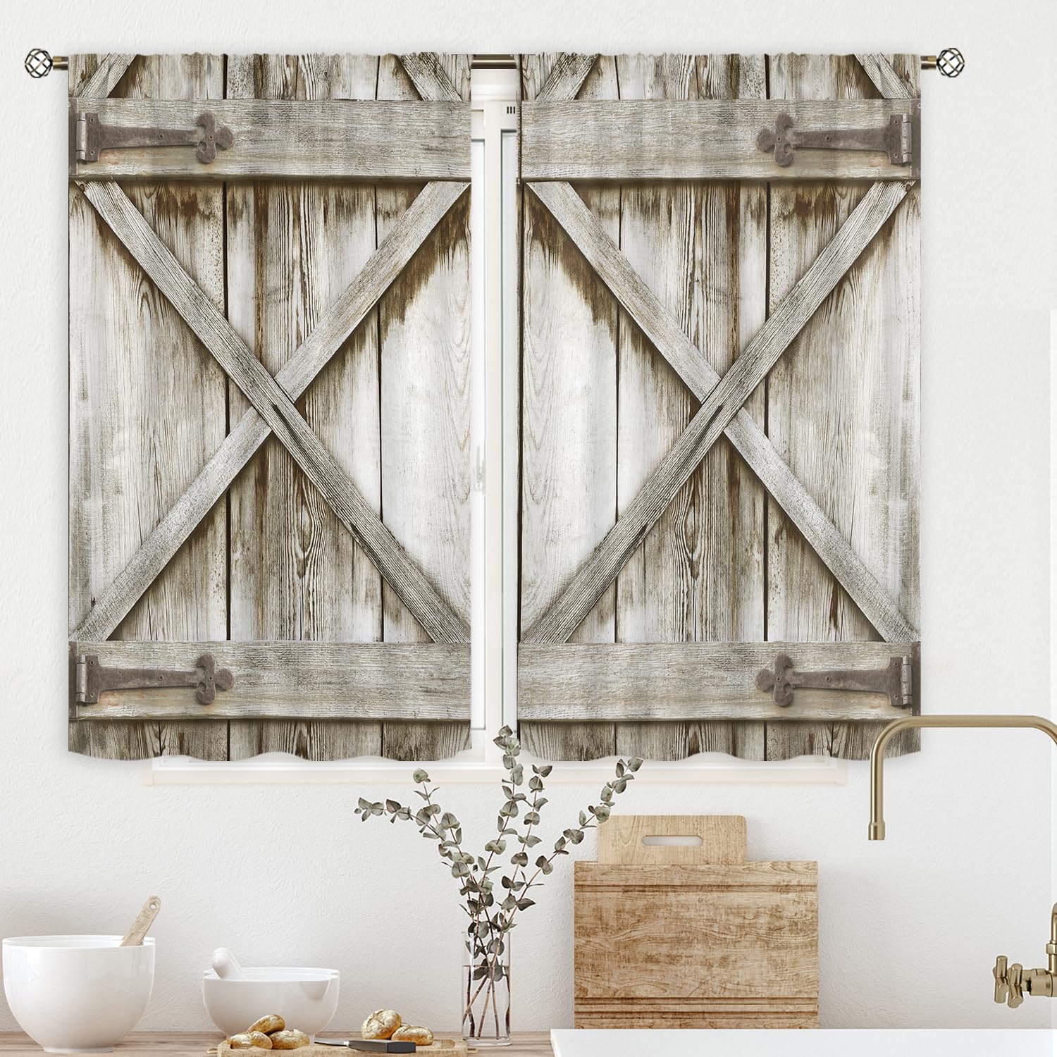 Rustic Farmhouse Kitchen Window Curtains - Wooden Barn Door Design, 27.5