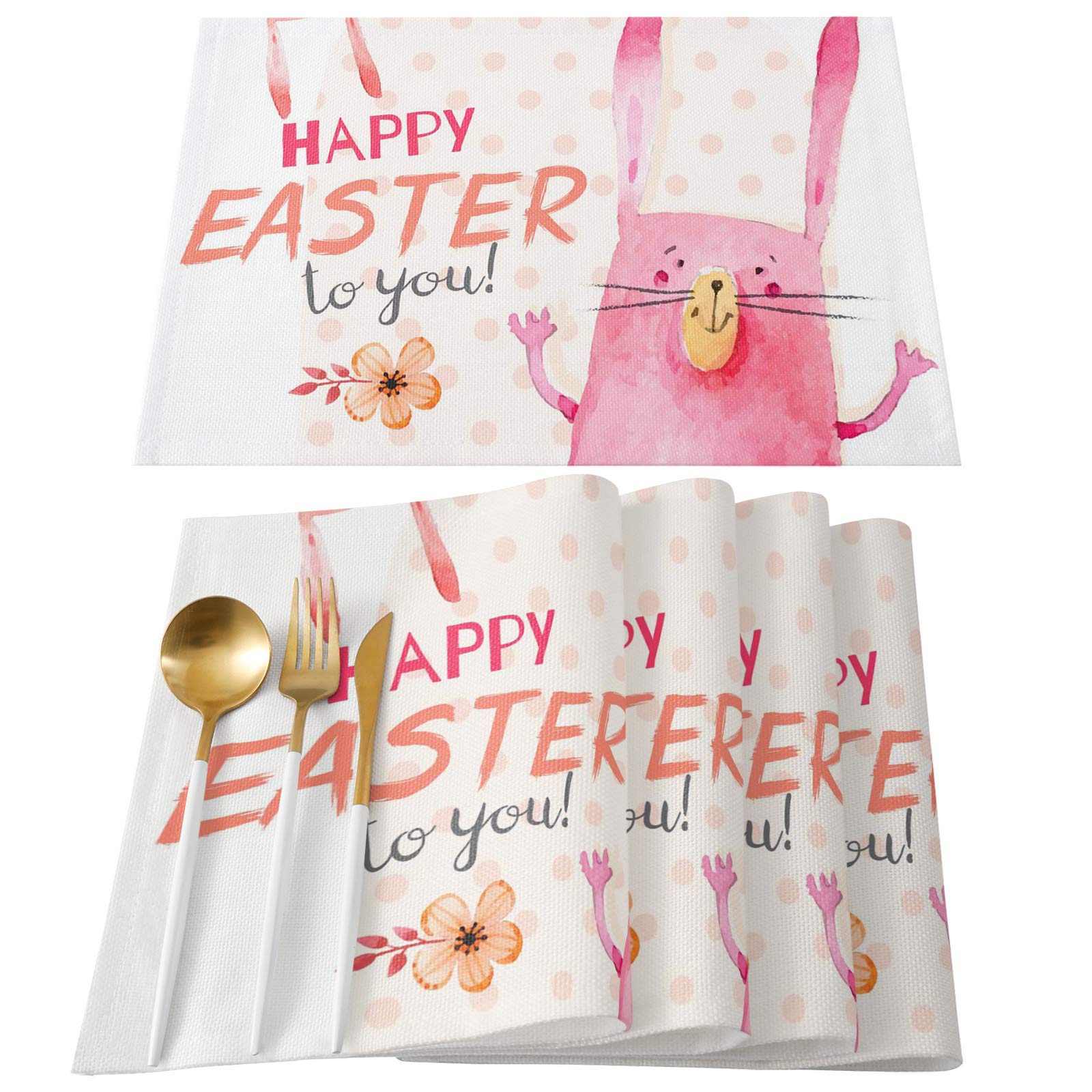 LOVE HOME DAY 4-Piece Watercolor Happy Easter Bunny Placemats Set - Cute Pink Table Mats for Kitchen, Dining, Indoor & Outdoor Use | Perfect for Parties, Weddings, Banquets & Holiday Decorations