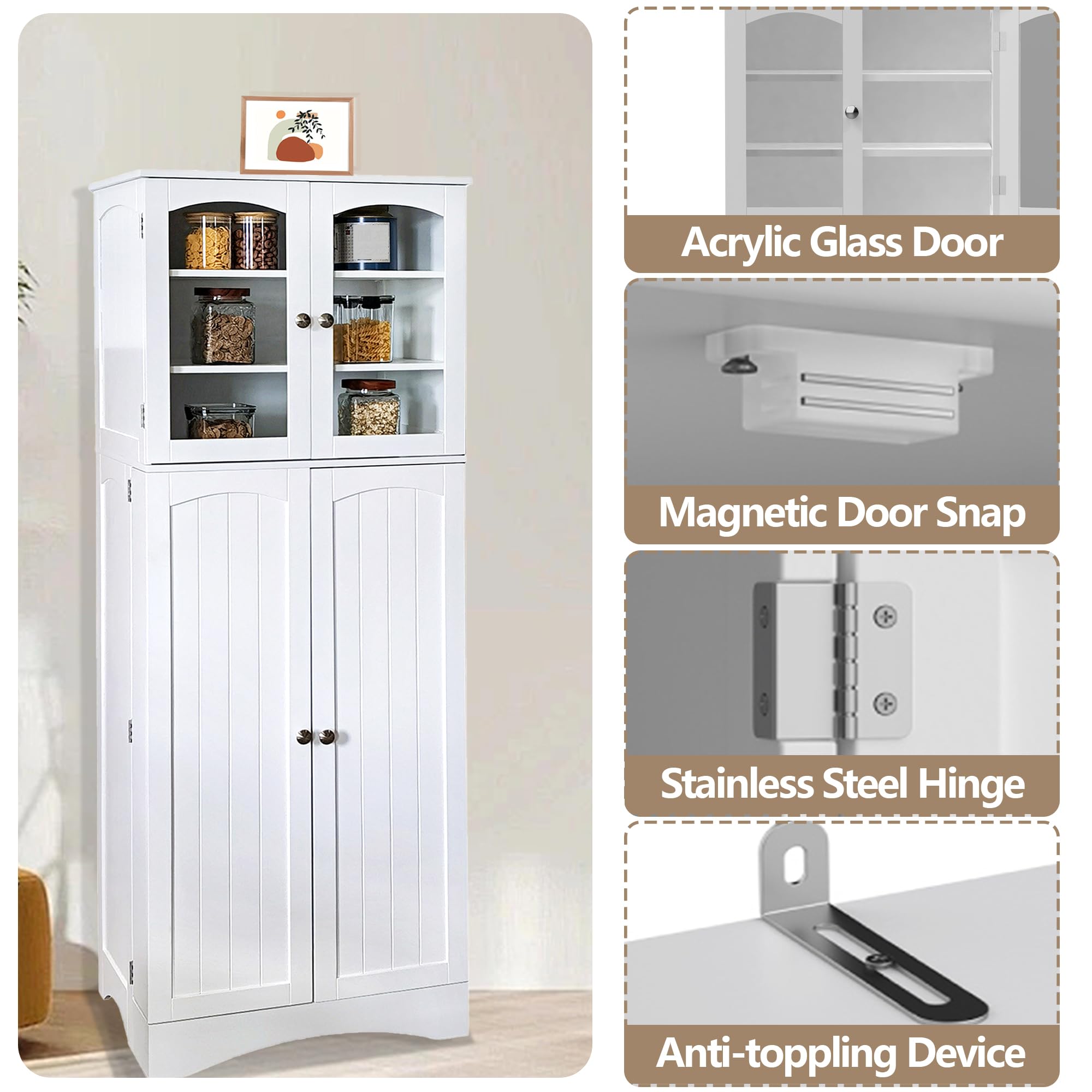 White Kitchen Pantry Cabinet with Glass Doors & Adjustable Shelves - Freestanding Tall Food Storage Cabinet for Kitchen, Living Room, Dining Room - Perfect for Organizing Dry Goods, Dishes & Home Decor