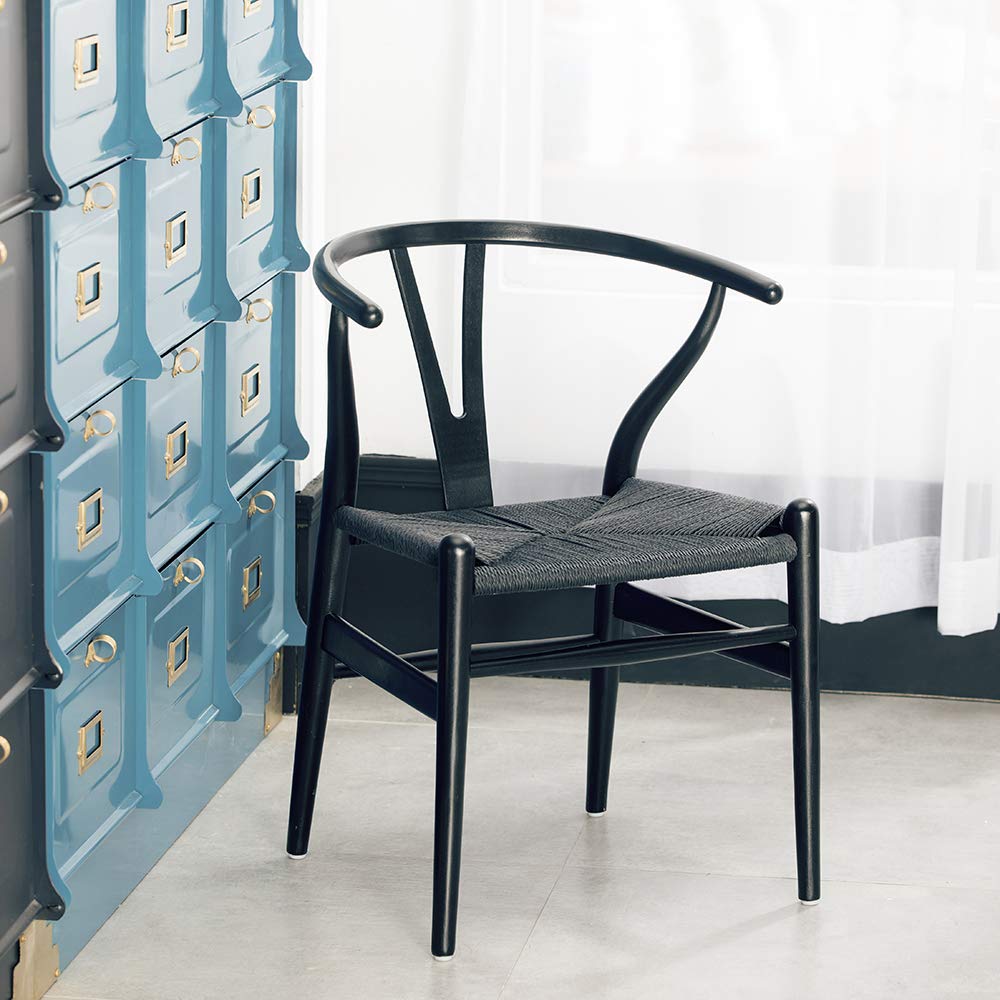 Wishbone Chair Set of 2 - Solid Ash Wood Armrest with Woven Seat - Modern Black Dining Chairs for Kitchen, Restaurant & Home Decor - Scandinavian Design Y-Back Chairs