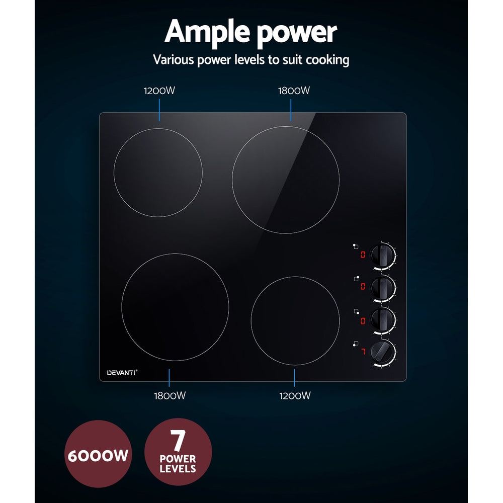 Devanti 60cm Electric Ceramic Cooktop - 4 Zone Induction Stove with Touch Controls, Perfect for Modern Kitchens & Home Cooking