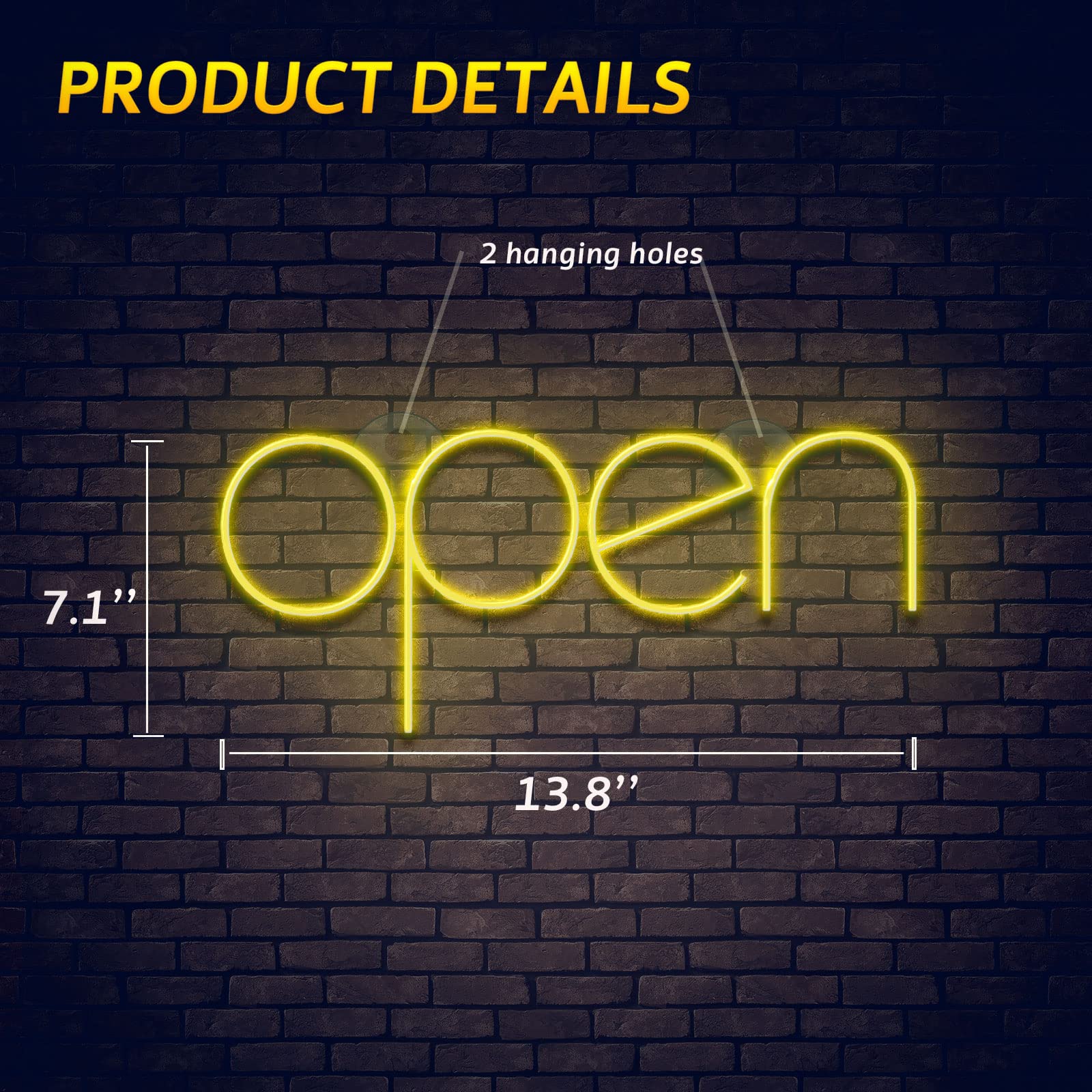 13.8x7.1 Inch LED Neon Open Sign for Business - USB & Battery Powered - Yellow Neon Light for Bar, Salon, Hotel, Store Wall Decor - Perfect for Parties, Grand Openings & Nightlife Venues