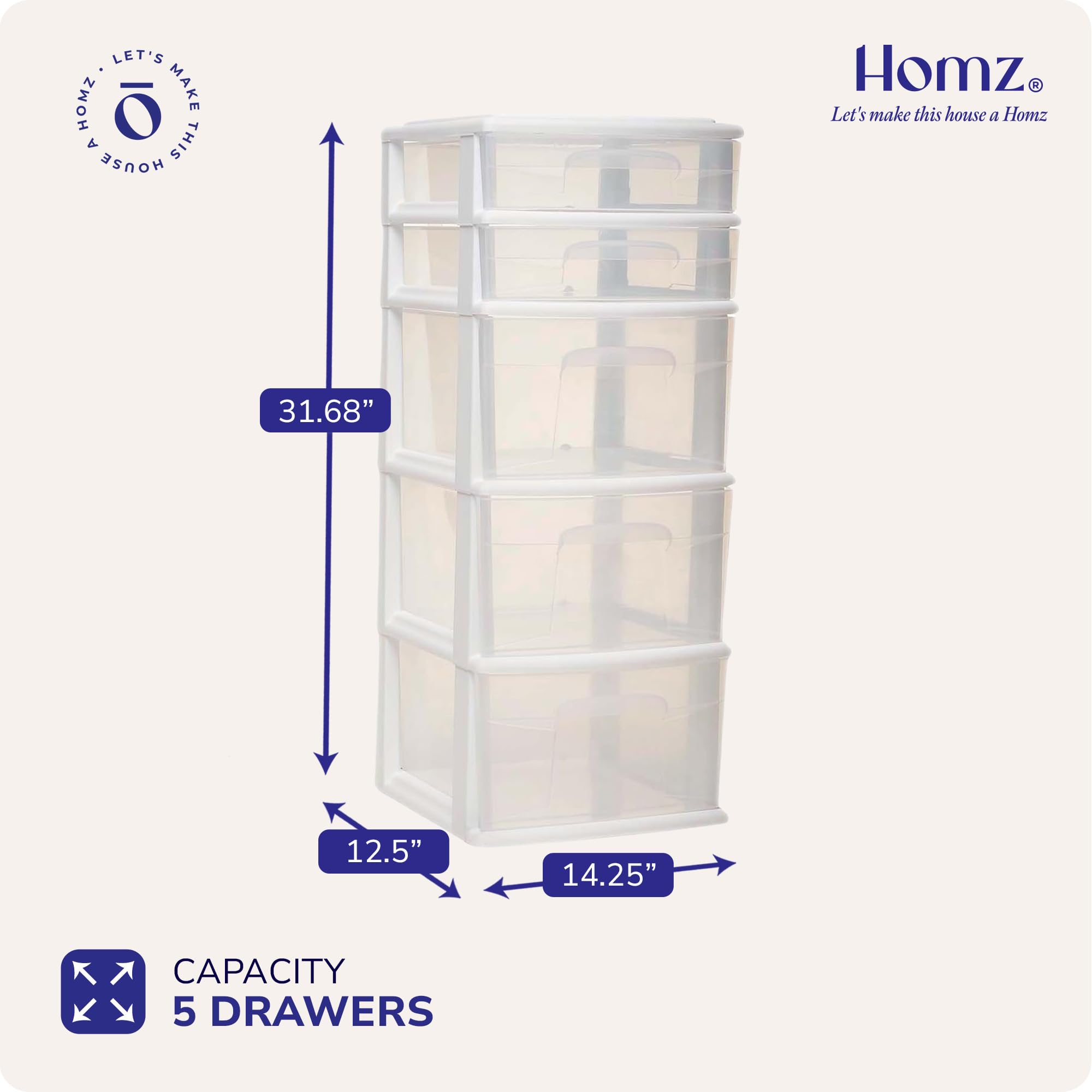 HOMZ 2-Pack 5-Tier Clear Plastic Storage Drawer Tower Organizer with White Frame - Perfect for Bedroom, Closet, Office & Craft Room Organization