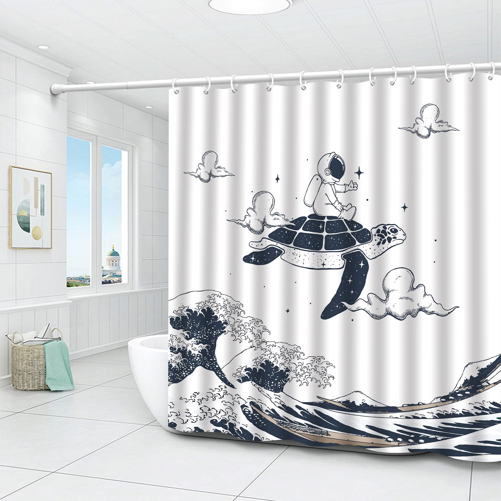Funny Astronaut Turtle Japanese Ocean Wave Shower Curtain - Waterproof Polyester Fabric Bathroom Decor with Hooks 70x70 Inch - Perfect for Kids' Bathroom, Beach Theme Decor & Unique Gift Idea