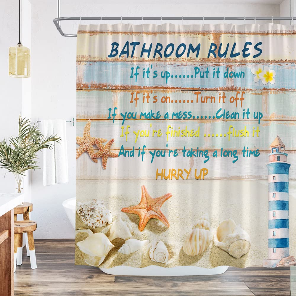 Nautical Lighthouse Beach Shower Curtain - Coastal Ocean Themed Bathroom Decor with Starfish & Shells, 70x70 Inch Rustic Barn Door Design Polyester Fabric Set with Hooks - Perfect for Beach House, Coastal Cottage or Nautical Bathroom Theme