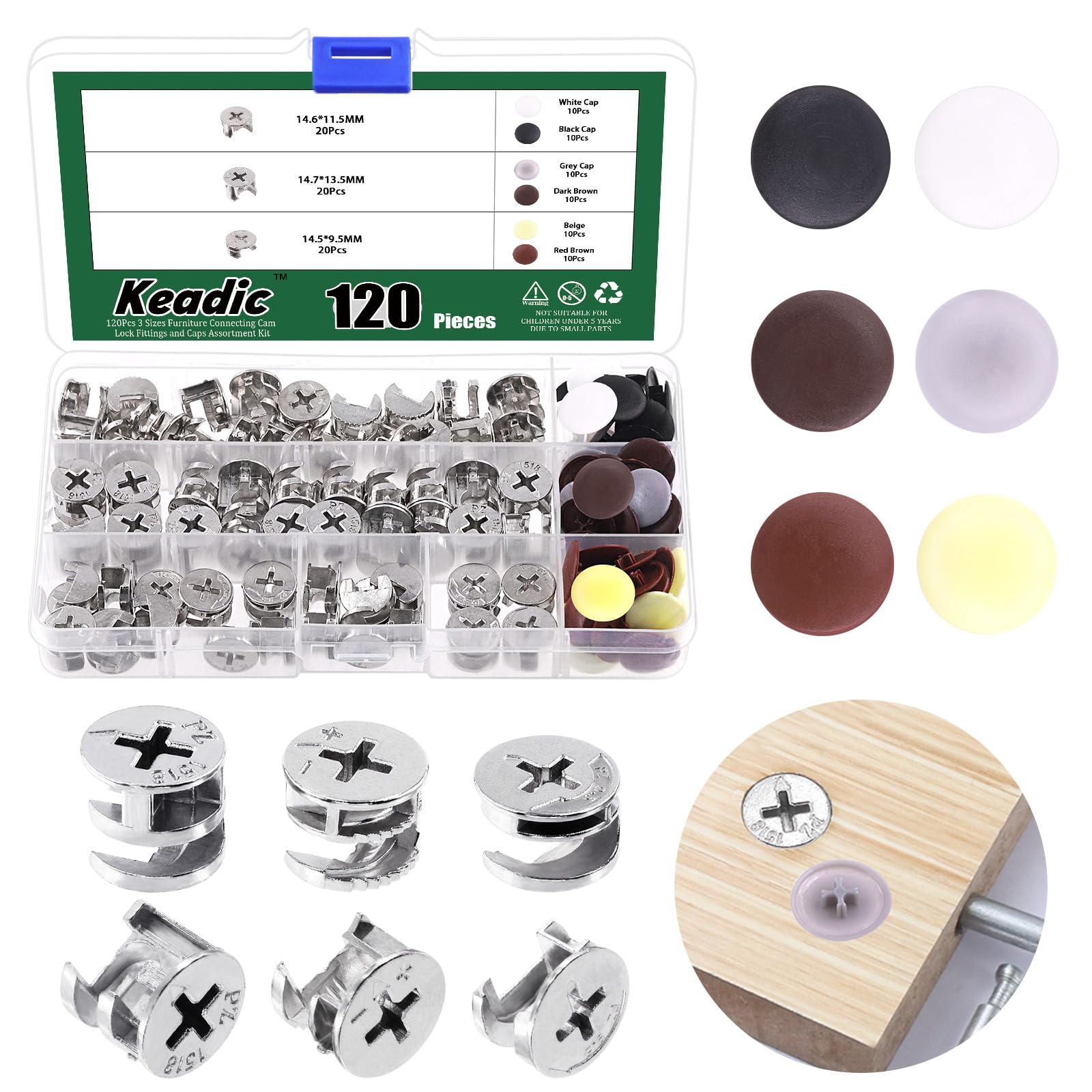 Keadic 120Pcs Cam Lock Fittings Kit for Furniture Assembly - Wardrobe, Drawer, Cabinet Hardware