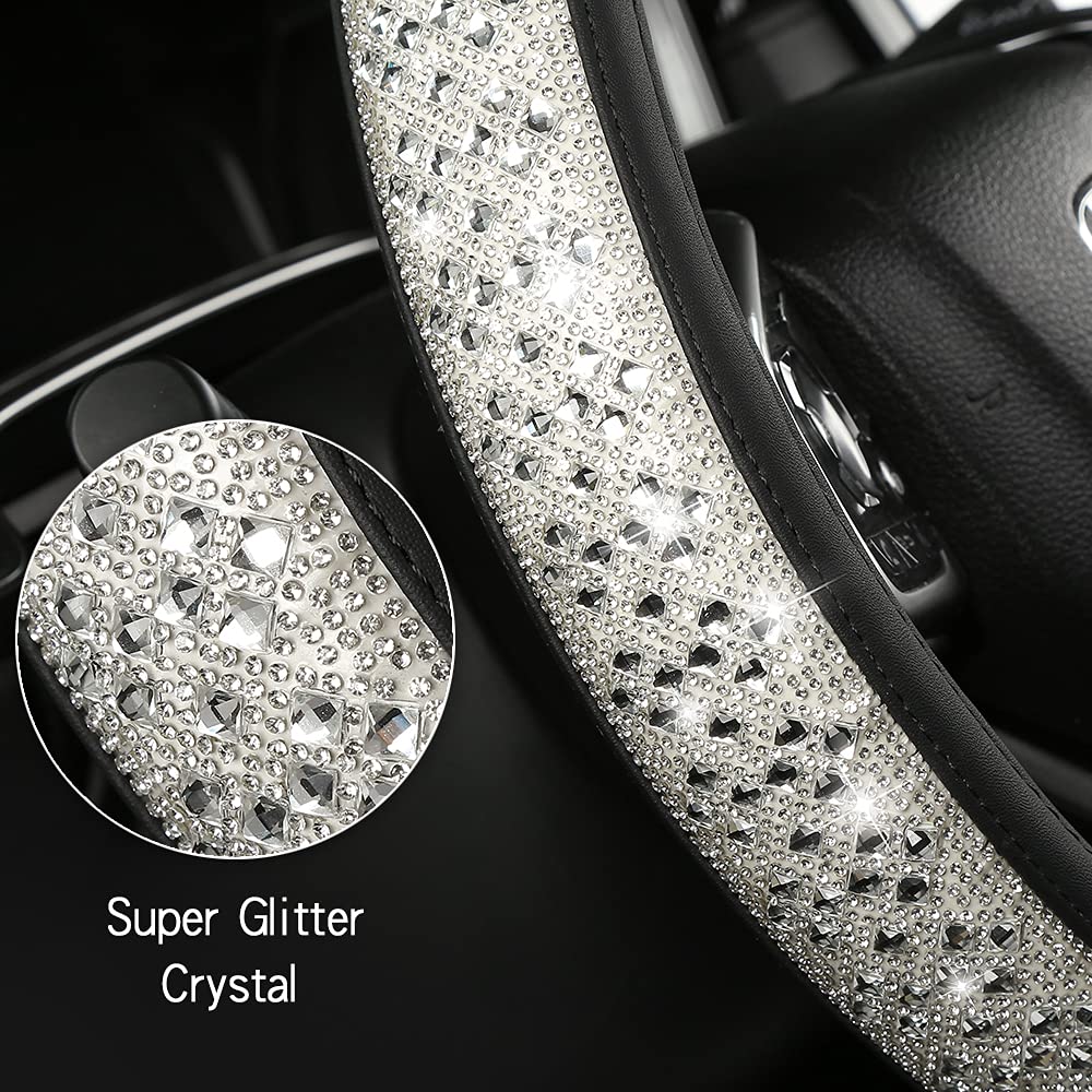 Sparkling Crystal Rhinestones Steering Wheel Cover - Bling Diamond Leather Car Accessories for Women & Girls | Universal 15 Inch Wheel Protector (White) | Luxury Car Interior Upgrade & Gift Idea for Her