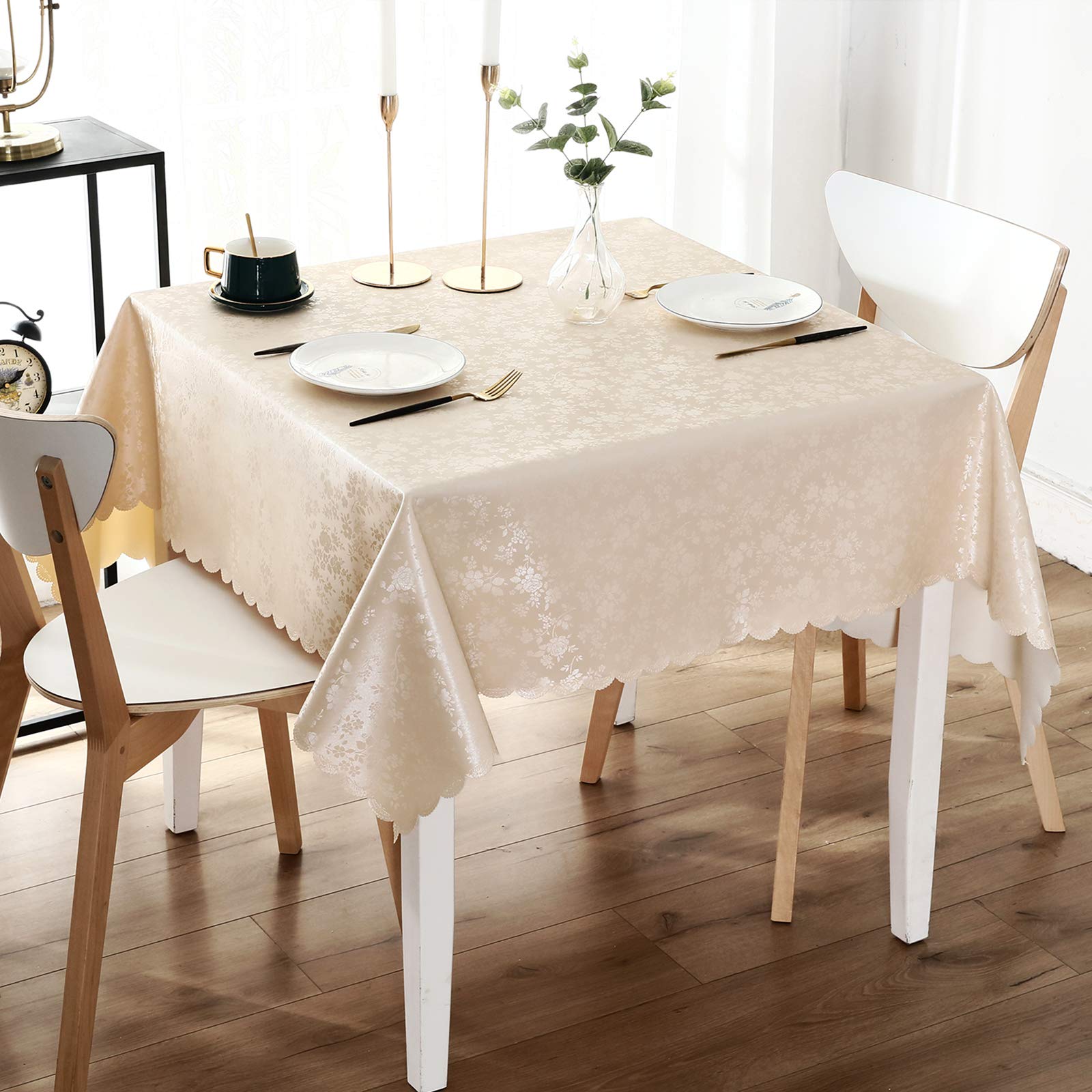 Smiry Square Waterproof Vinyl Tablecloth - Heavy Duty, Wipeable, Washable Table Cover for Kitchen, Dining Room, Outdoor Picnics, and Party Events (Beige, 54