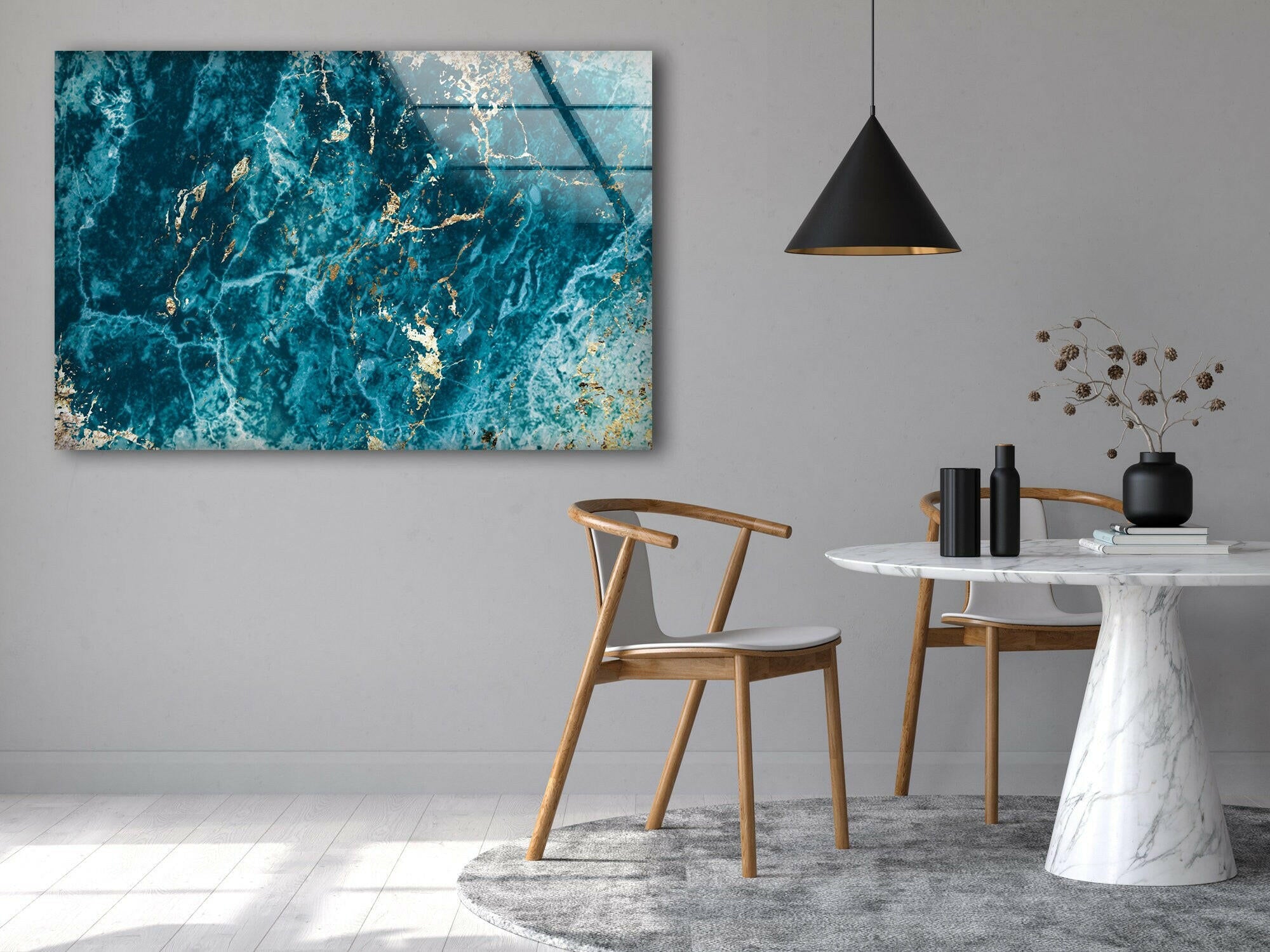 Blue Turquoise Marble Glass Wall Art - Handmade Modern Home Decor for Living Room, Bedroom & Office - Elegant Glass Wall Hangings for Interior Design