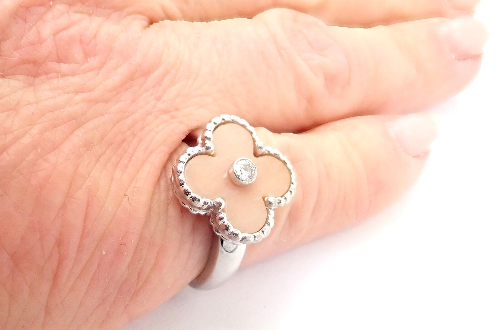 Authentic Van Cleef & Arpels Alhambra 18k White Gold Pink Opal Diamond Ring - Luxury Jewelry for Women, Perfect for Weddings, Anniversaries & Special Occasions