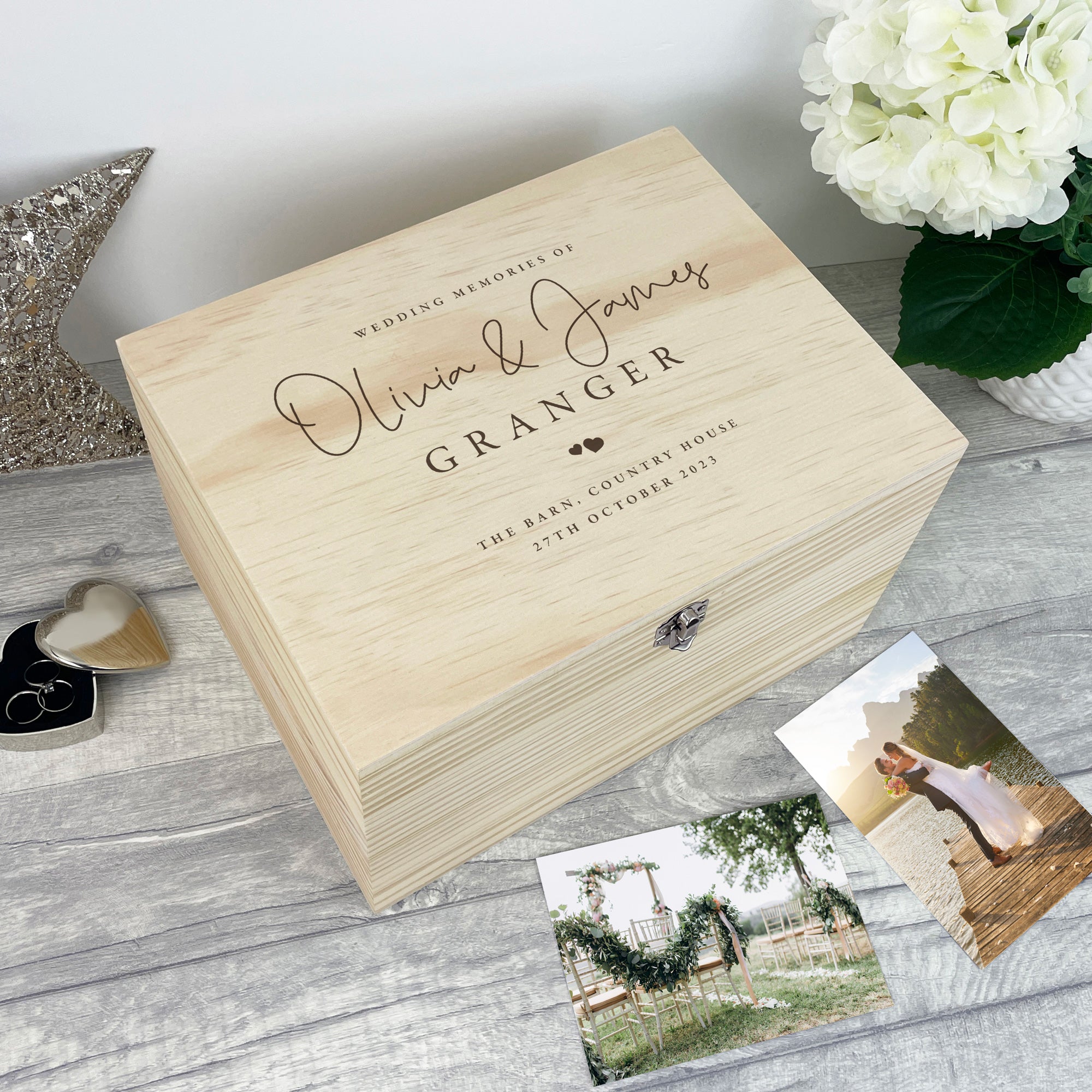 Personalized Wooden Wedding Memory Box - Handcrafted Keepsake Gift for Couples (5 Sizes: 16cm, 20cm, 26cm, 30cm, 36cm) - Perfect for Anniversaries, Vow Renewals & Romantic Gift Giving