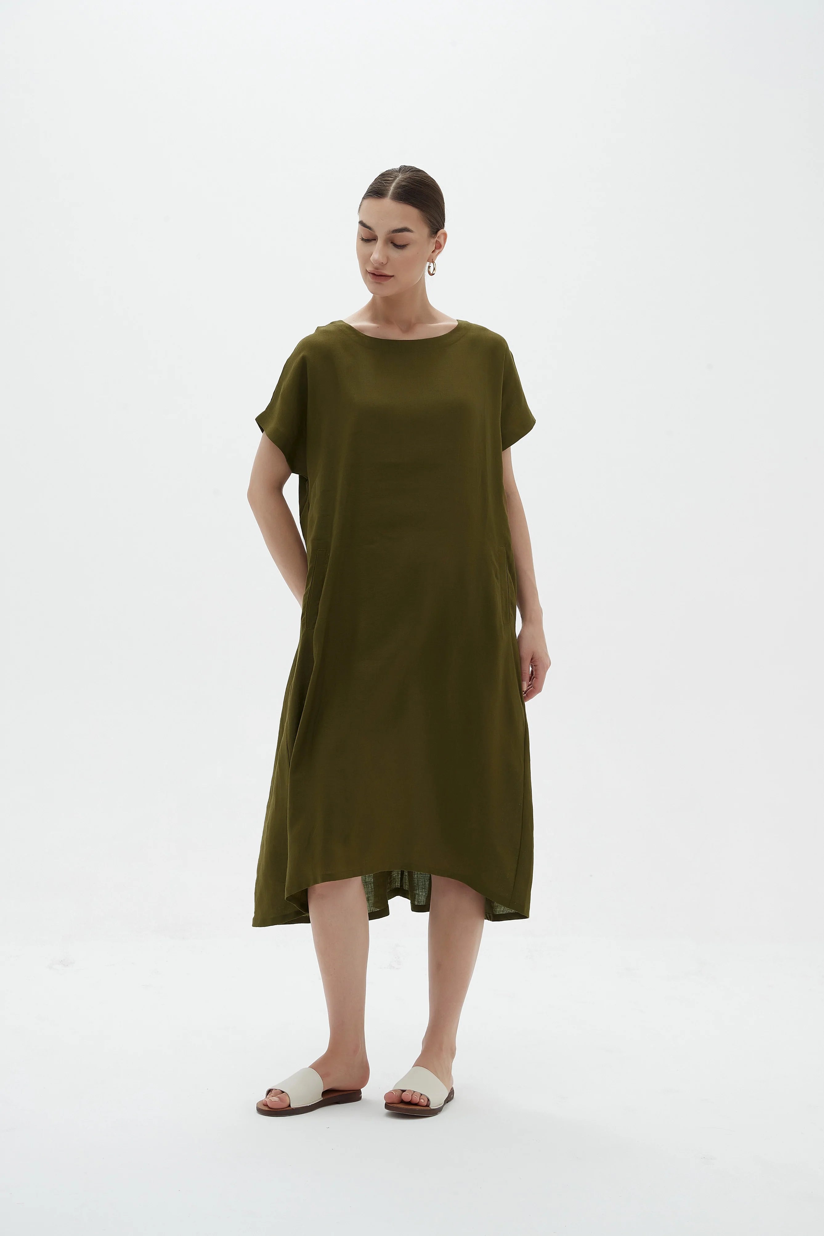 Elastic Gather Dress in Dark Moss - Flowy & Comfortable Women's Summer Dress for Casual Outings & Beach Wear