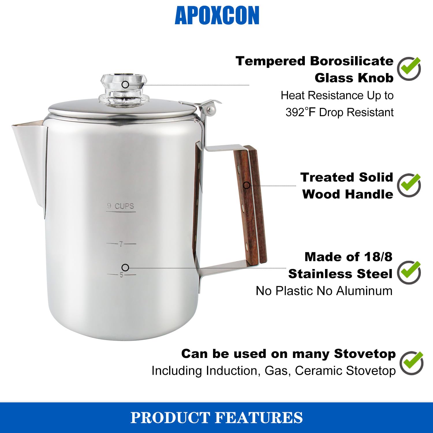 **Stainless Steel Camping Coffee Percolator - 9 Cup Stovetop Coffee Maker with Heat-Resistant Glass Knob for Outdoor Travel, Hiking & RV Trips - Aluminum-Free & Plastic-Free Design**    *(Use for camping, backpacking, RV adventures, picnics, and home brewing on gas/electric stoves.)*