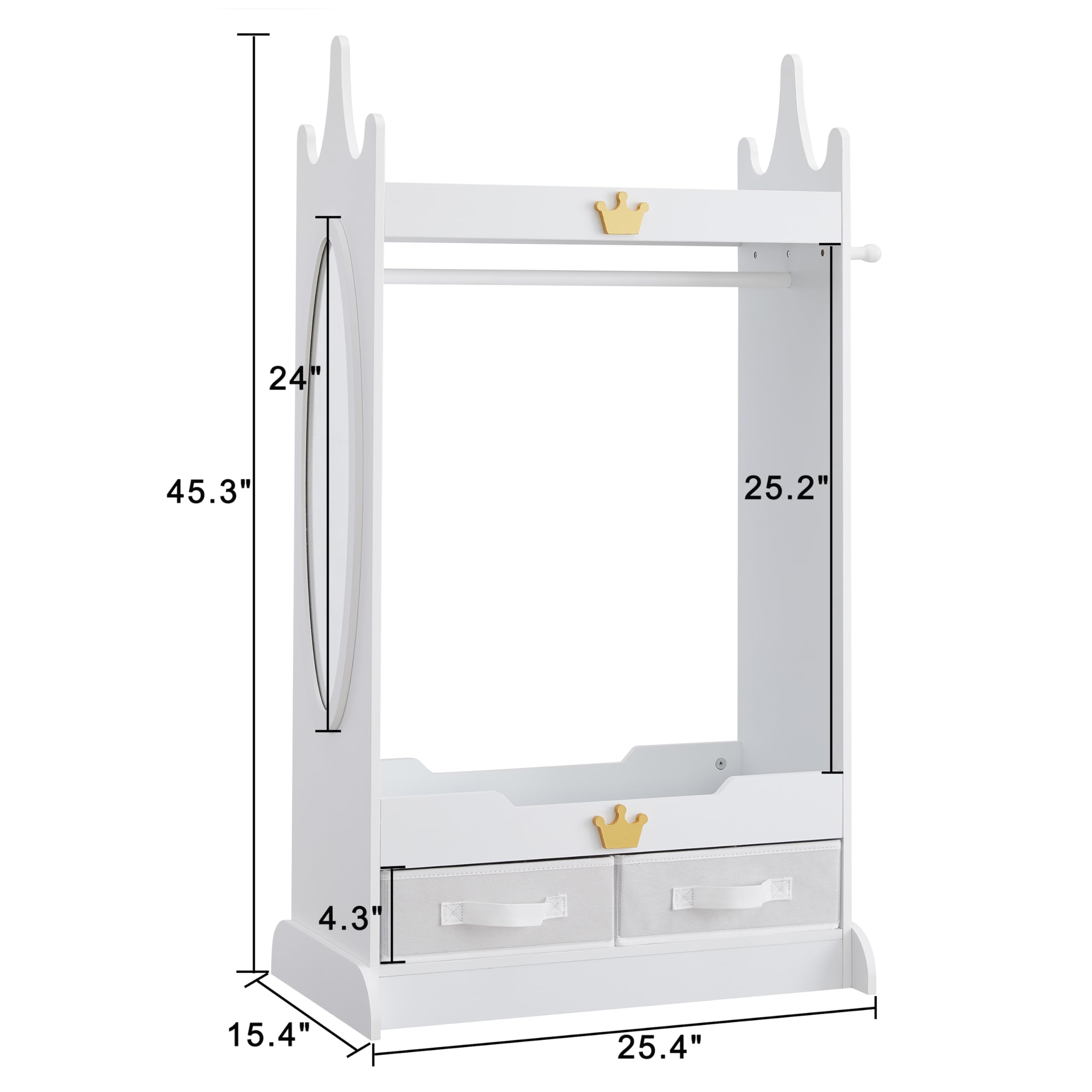 Kids Dress Up Storage Armoire with Mirror & 2 Non-Woven Drawers - White Costume Closet with Hanging Rack for Toddlers | Perfect for Bedroom, Playroom & Dress-Up Organization