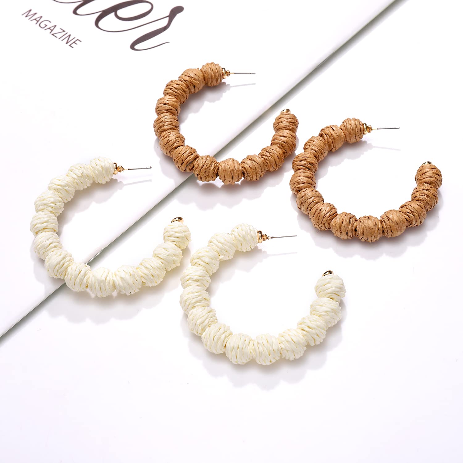 Handmade Boho Rattan Ball Hoop Earrings for Women - Summer Beach Raffia Dangle Earring Set, Statement Straw Wicker Jewelry - Perfect for Vacation, Festival, and Boho Chic Outfits