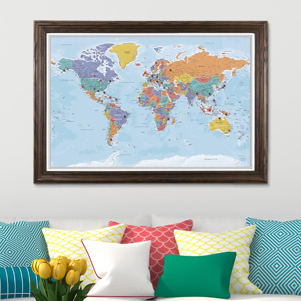 Personalized Blue Oceans World Push Pin Travel Map with Solid Wood Brown Frame - Perfect for Travel Enthusiasts, Home Decor & Office Wall Art