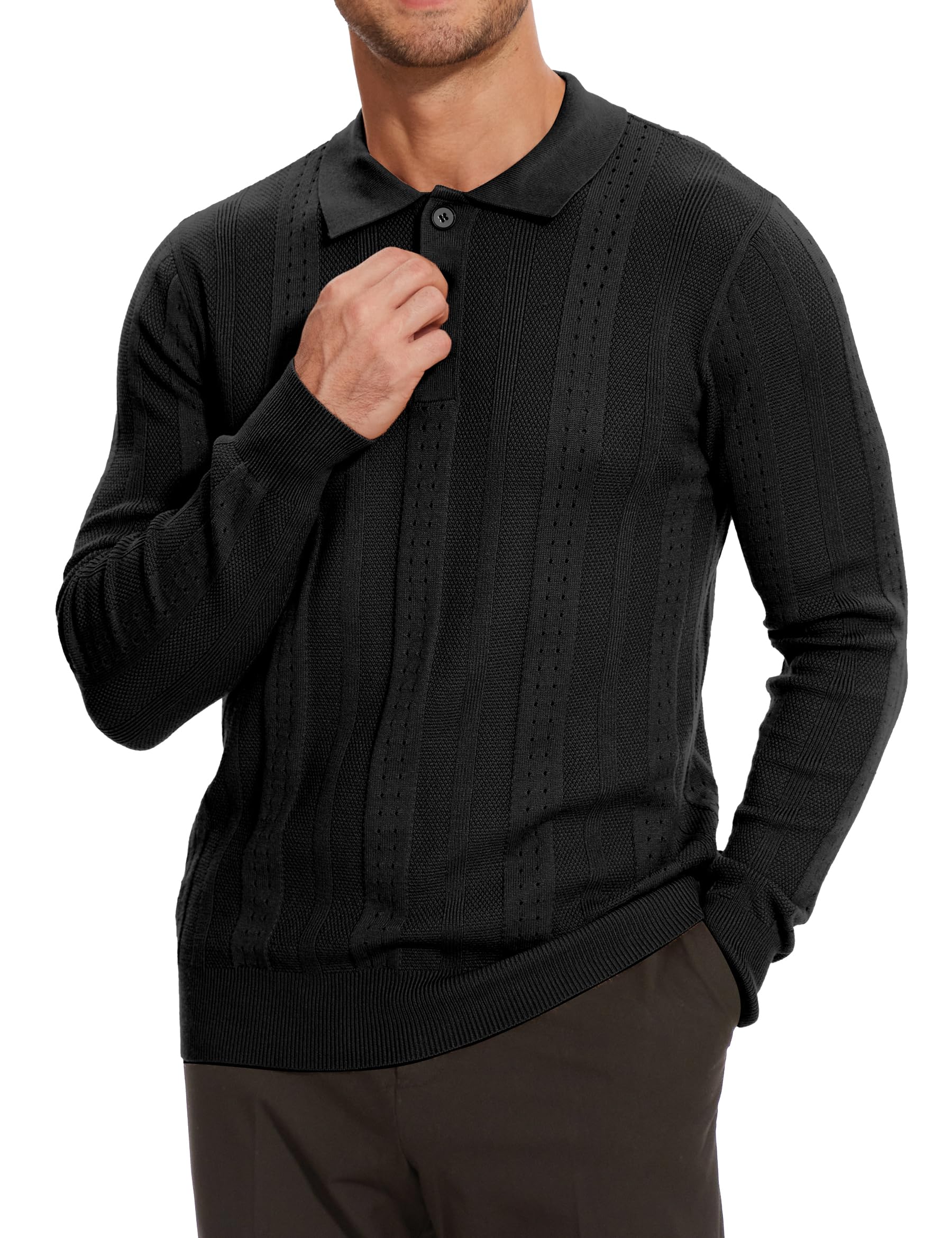 Vintage Cable Knit Sweater Polo for Men - Long Sleeve Textured Collared Shirt | Casual Winter Wear & Office Outfit