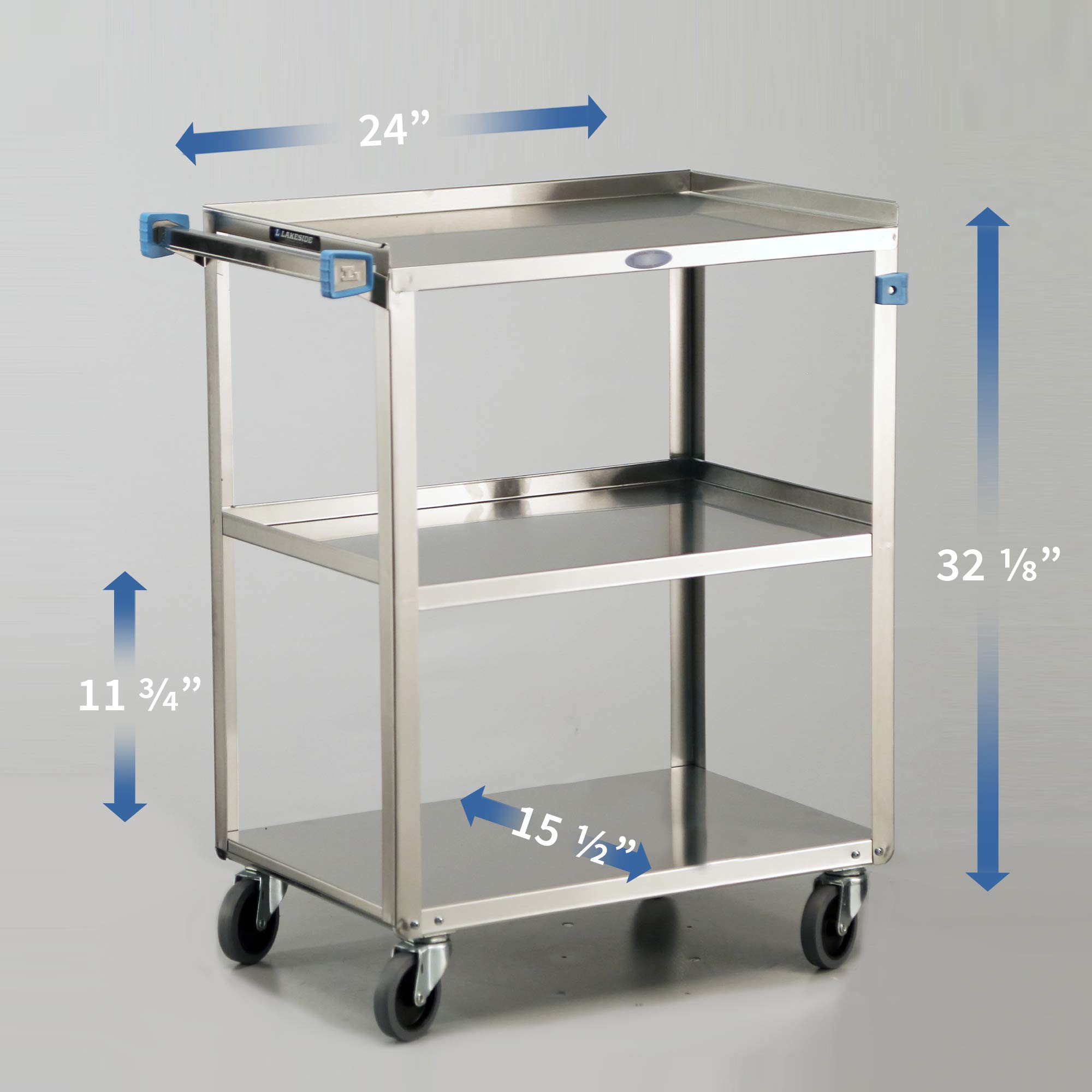 Stainless Steel 3-Tier Utility Cart with 300 lb Capacity - Lakeside 311 Fully Assembled Rolling Cart for Kitchen, Office, or Warehouse Storage