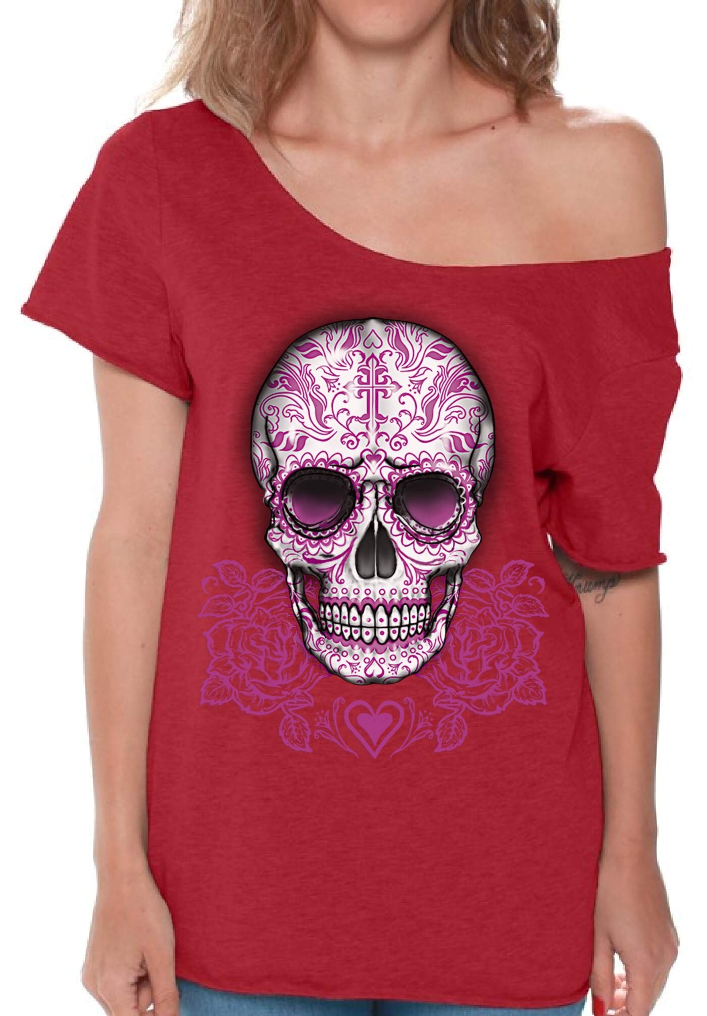 Awkwardstyles Sugar Skull Pink Roses Off Shoulder T-Shirt for Women - Gothic Boho Style Top with Free Bookmark - Perfect for Halloween, Day of the Dead & Music Festivals
