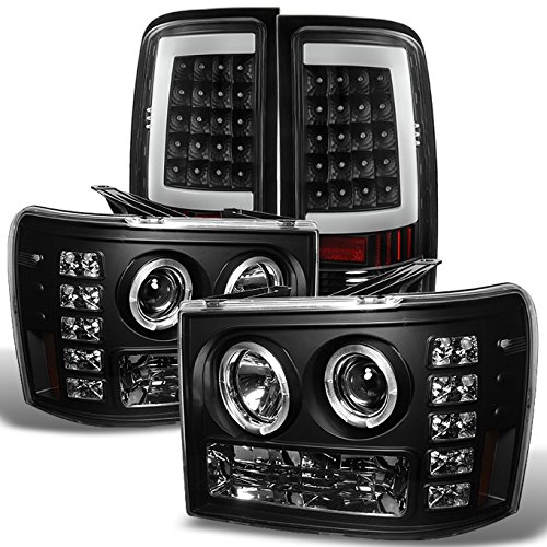 AKKON LED Headlight & Tail Light Kit for GMC Sierra - Dual Halo Ring Black Bezel Headlights with C-Shape LED Brake Lights - Upgrade for Improved Visibility & Style (Perfect for Night Driving & Off-Road Adventures)
