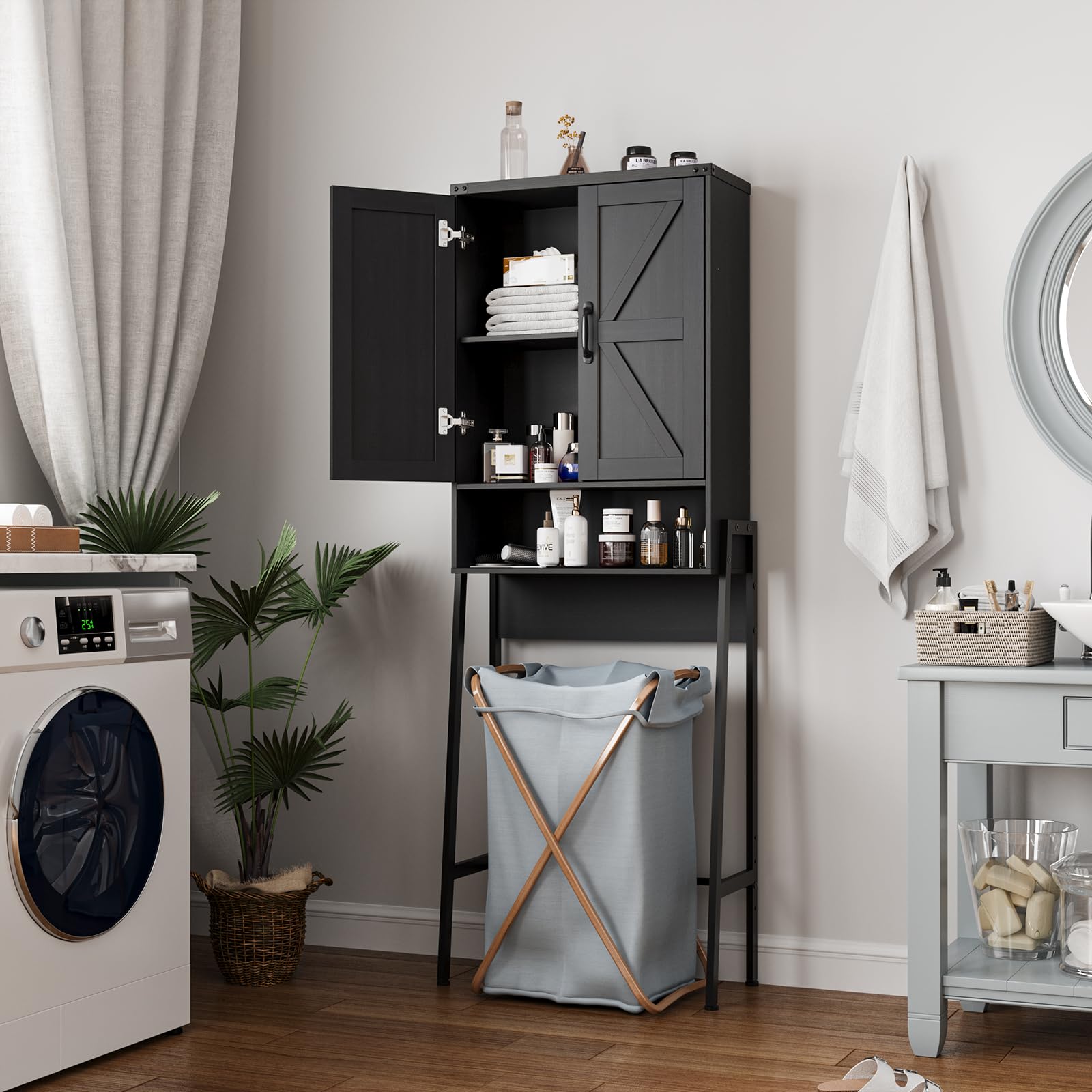 Over The Toilet Storage Cabinet with 2 Doors - Bathroom Organizer with Shelves & Anti-Tip Device - Space Saving Storage for Bathroom, Restroom & Laundry - Perfect for Small Spaces & Apartment Living (Black)