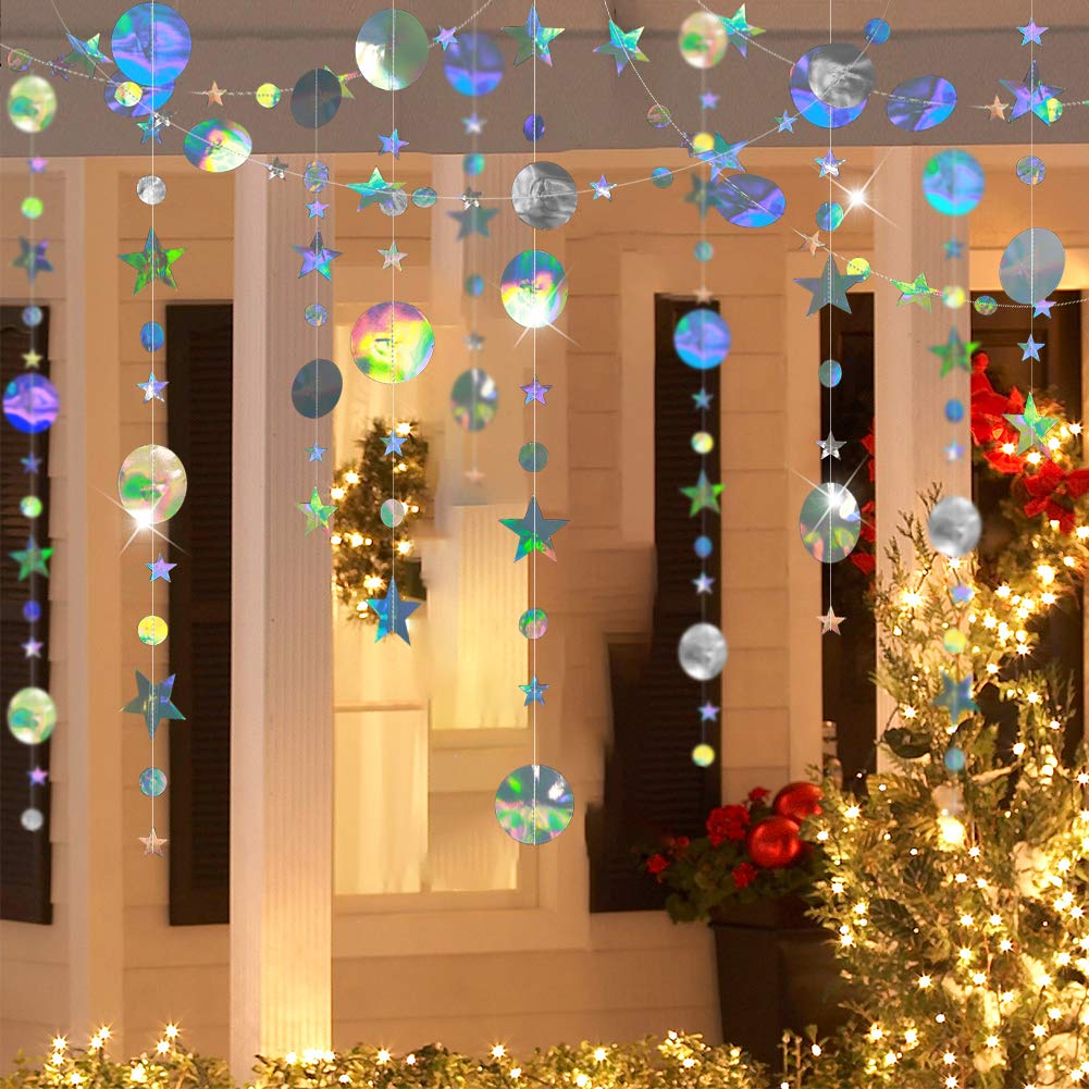Cheerland Iridescent Star Garland - Holographic Hanging Stars & Moon Decor for Galaxy Themed Parties, Baby Showers, Weddings, Ramadan, Eid Celebrations | Perfect for Space-Themed Birthday Decorations, Celestial Backdrops & Alien Party Decorations