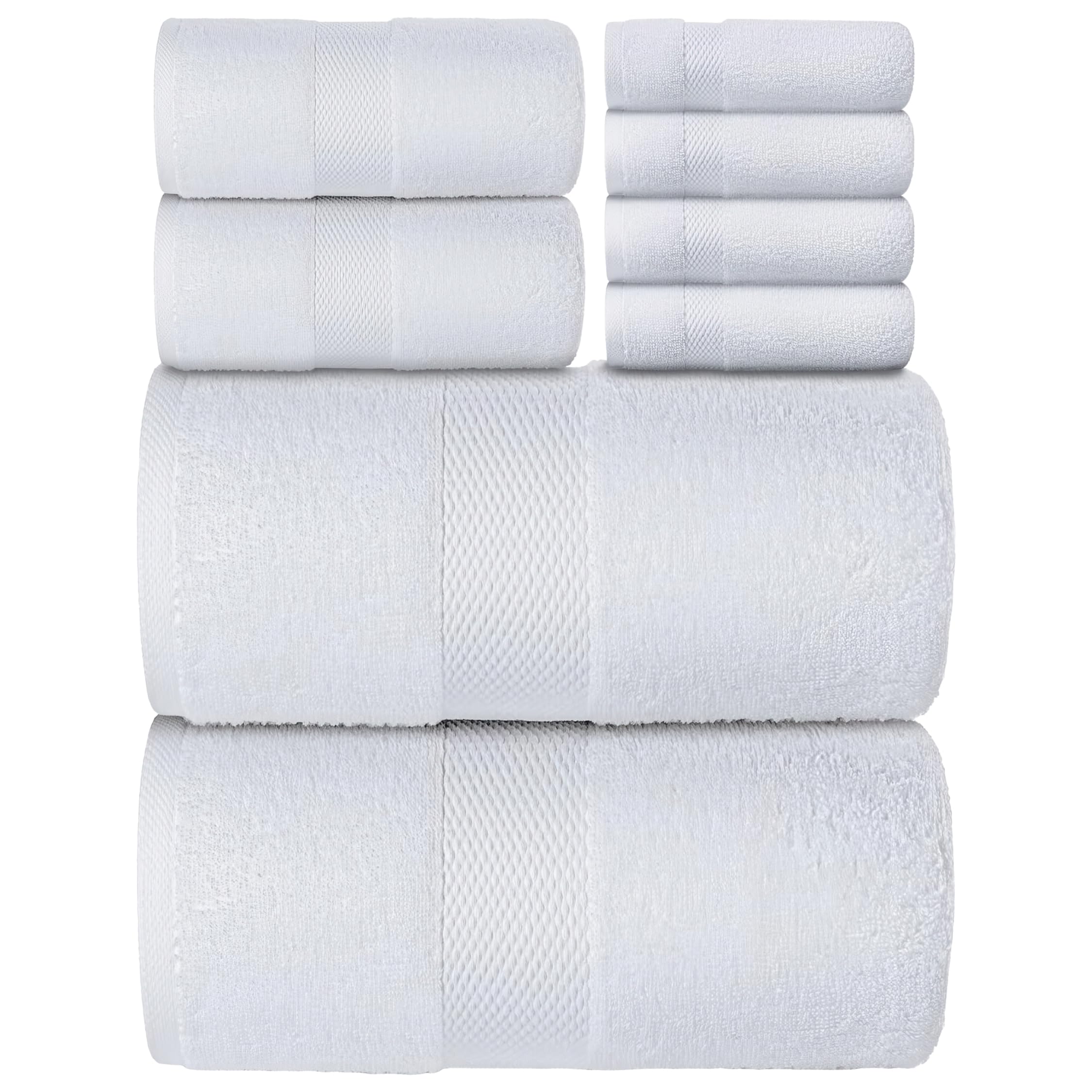 Premium 8-Piece White Bath Towel Set - 100% Turkish Cotton, Ultra Absorbent & Soft for Spa-Like Luxury (2 Bath Towels 700GSM, 2 Hand Towels, 4 Washcloths) - Perfect for Bathroom, Hotel & Gift Giving